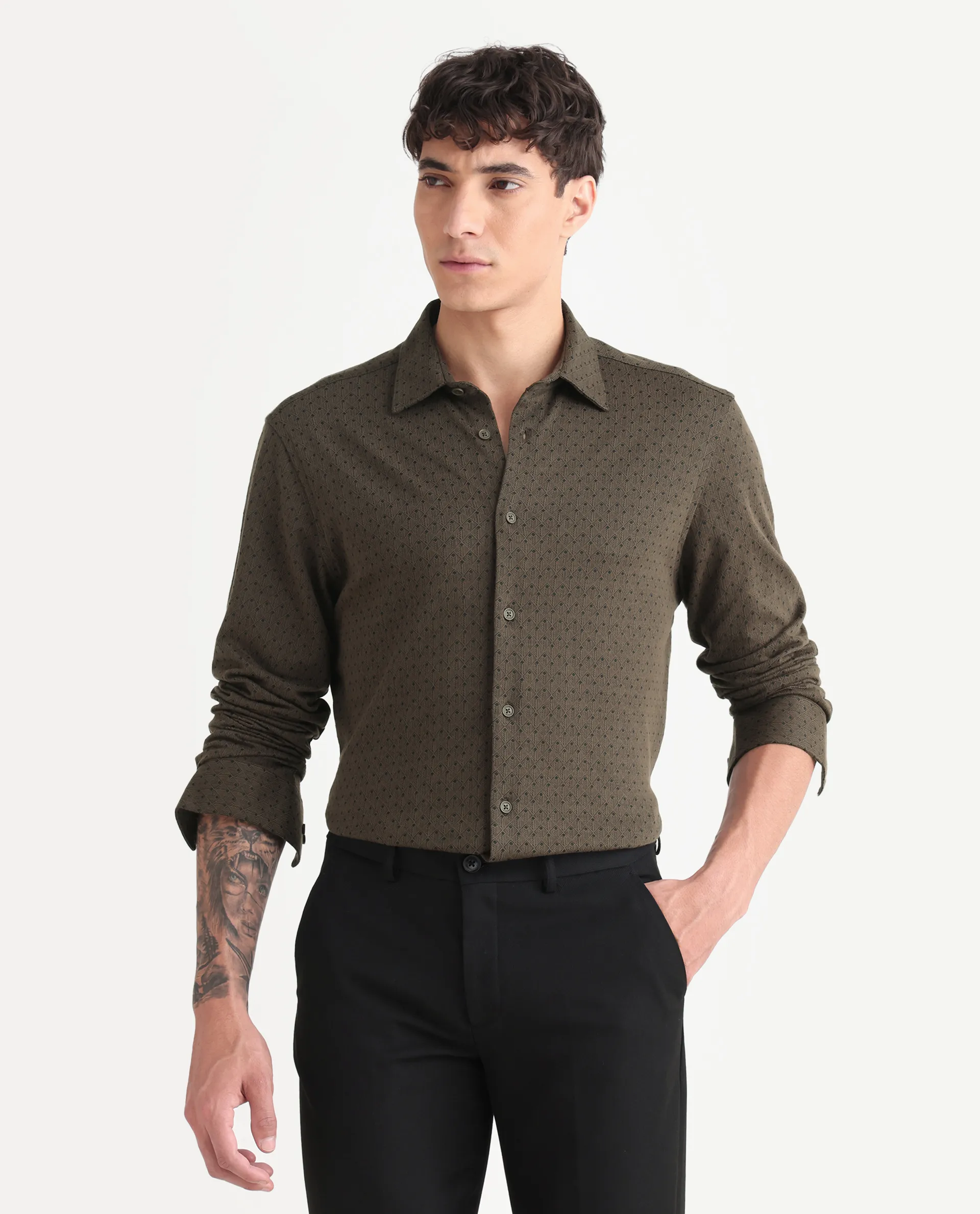 Rare Rabbit Men's Kupo Brown Cotton Blend Geometric Print Regular Fit Full Sleeve Collared Shirt - Image 3