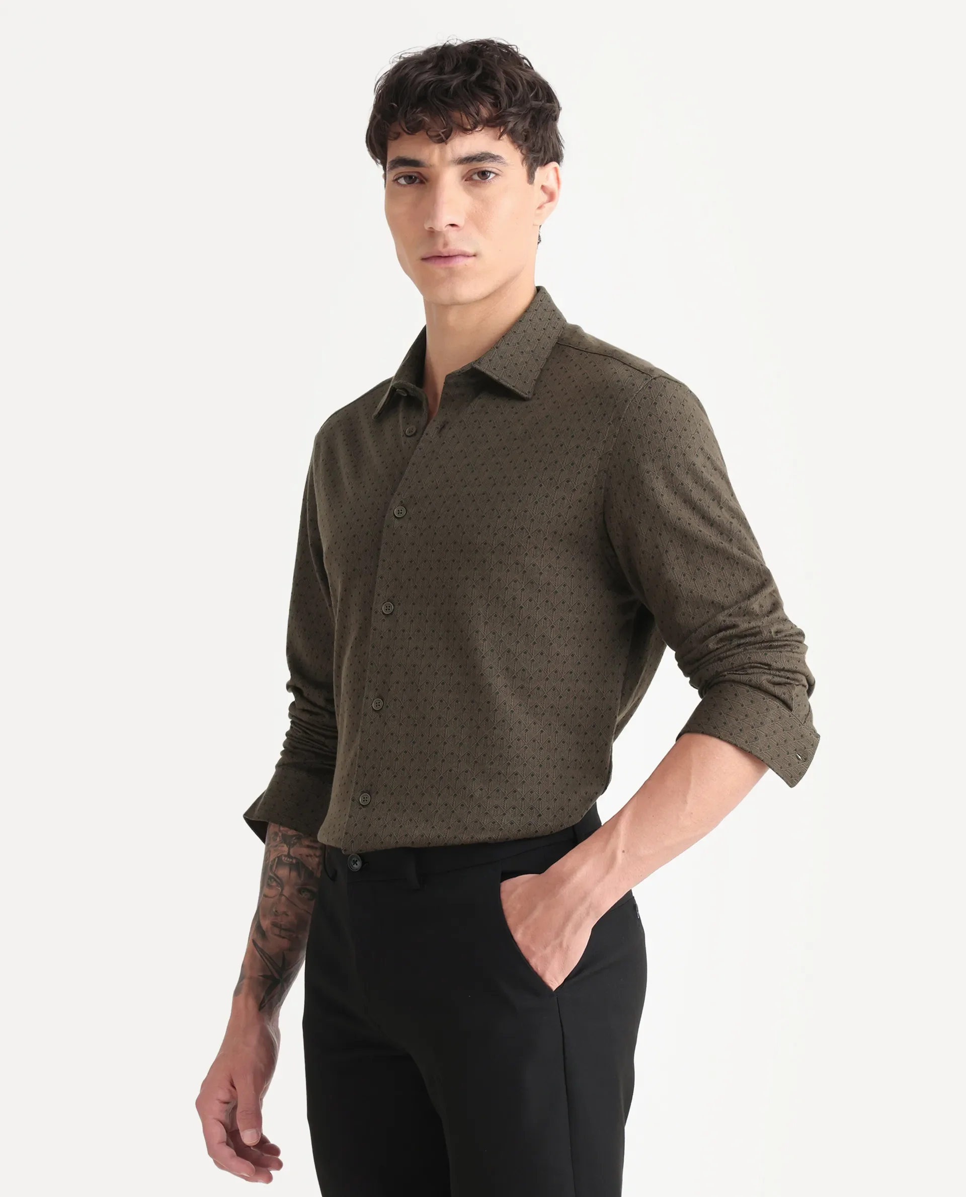 Rare Rabbit Men's Kupo Brown Cotton Blend Geometric Print Regular Fit Full Sleeve Collared Shirt - Image 4