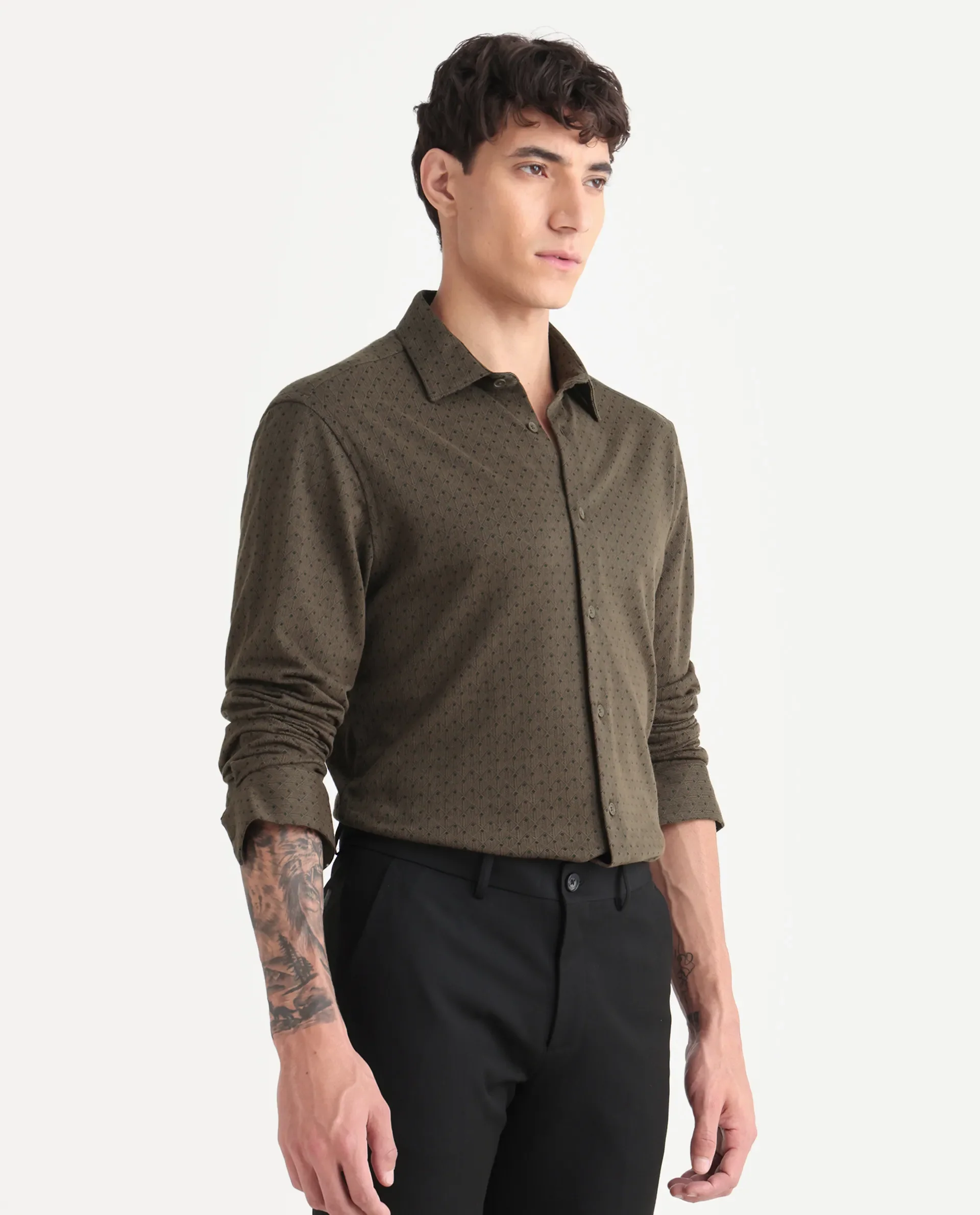 Rare Rabbit Men's Kupo Brown Cotton Blend Geometric Print Regular Fit Full Sleeve Collared Shirt - Image 5