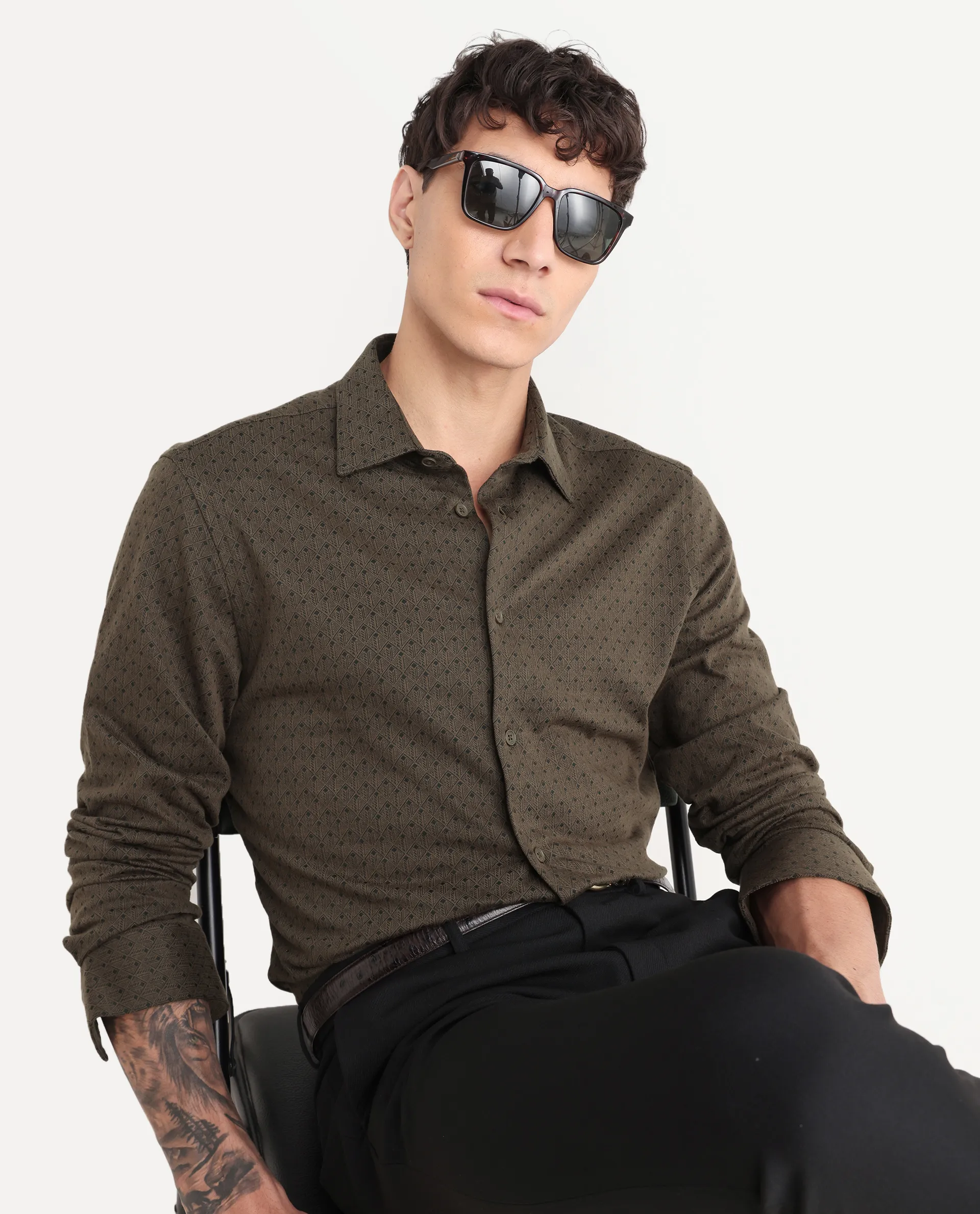 Rare Rabbit Men's Kupo Brown Cotton Blend Geometric Print Regular Fit Full Sleeve Collared Shirt - Image 6