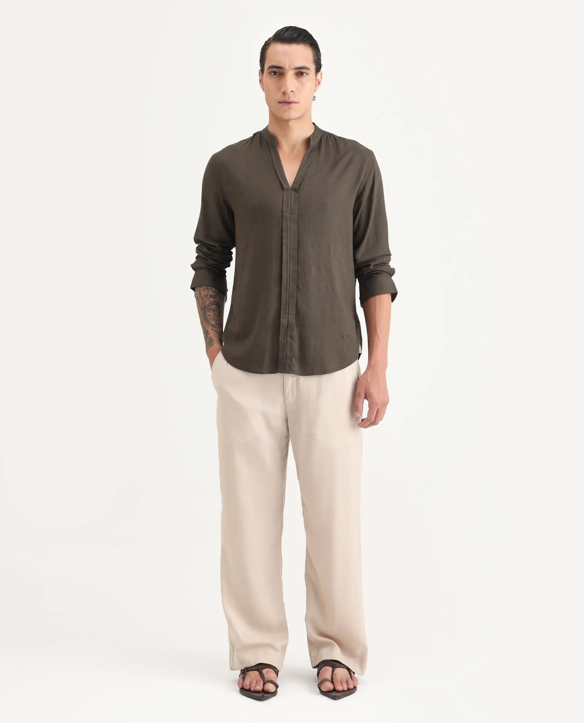 Rare Rabbit Men Kurt Dark Olive Linen Blend Fabric Full Sleeve Mandarin Collar Button Closure Plain Shirt - Image 2