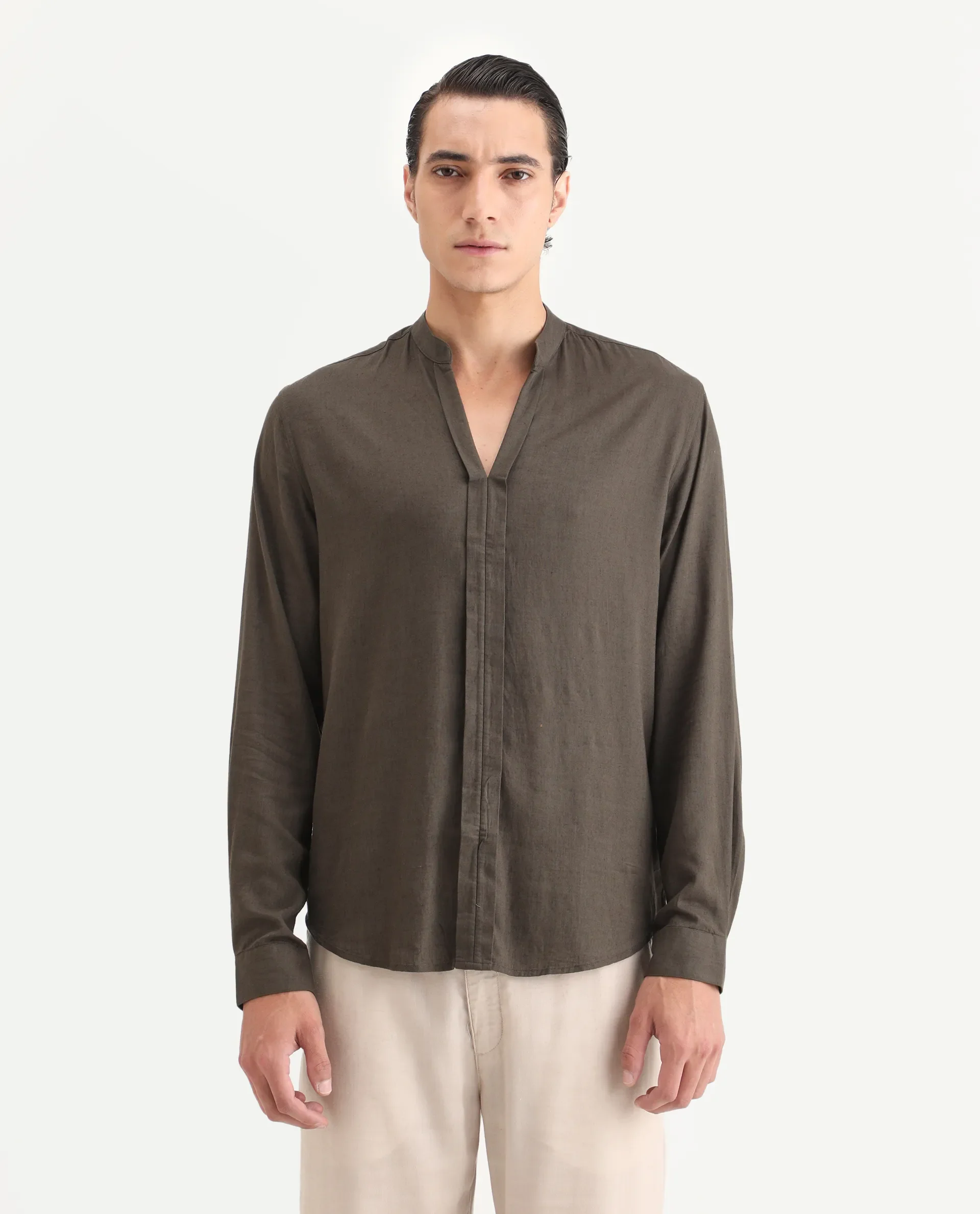 Rare Rabbit Men Kurt Dark Olive Linen Blend Fabric Full Sleeve Mandarin Collar Button Closure Plain Shirt - Image 4