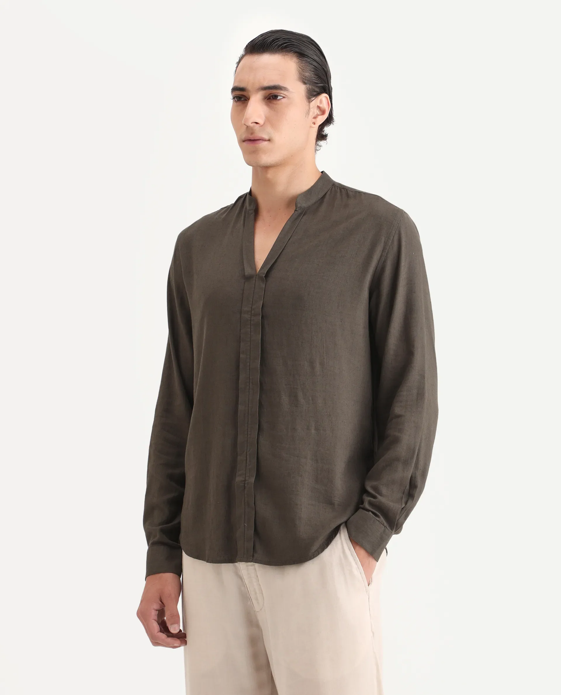 Rare Rabbit Men Kurt Dark Olive Linen Blend Fabric Full Sleeve Mandarin Collar Button Closure Plain Shirt - Image 5