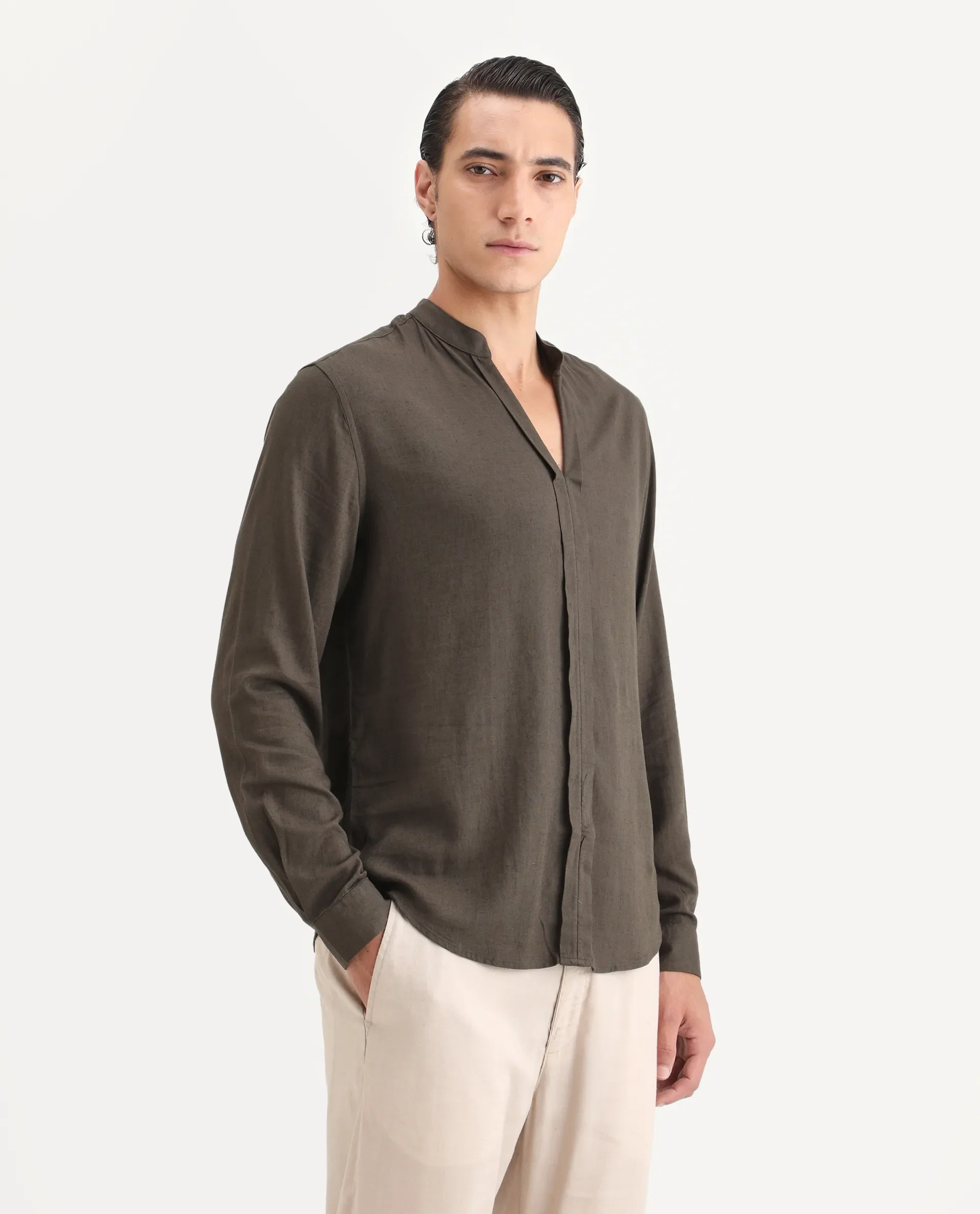 Rare Rabbit Men Kurt Dark Olive Linen Blend Fabric Full Sleeve Mandarin Collar Button Closure Plain Shirt - Image 6
