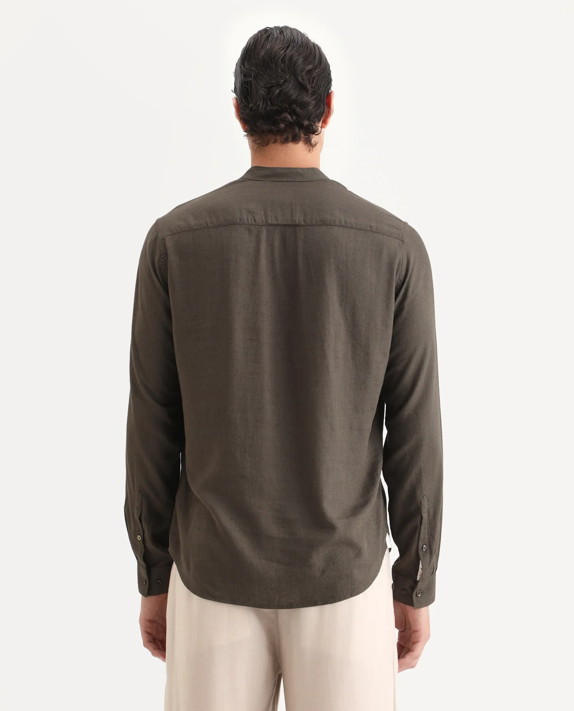Rare Rabbit Men Kurt Dark Olive Linen Blend Fabric Full Sleeve Mandarin Collar Button Closure Plain Shirt - Image 7