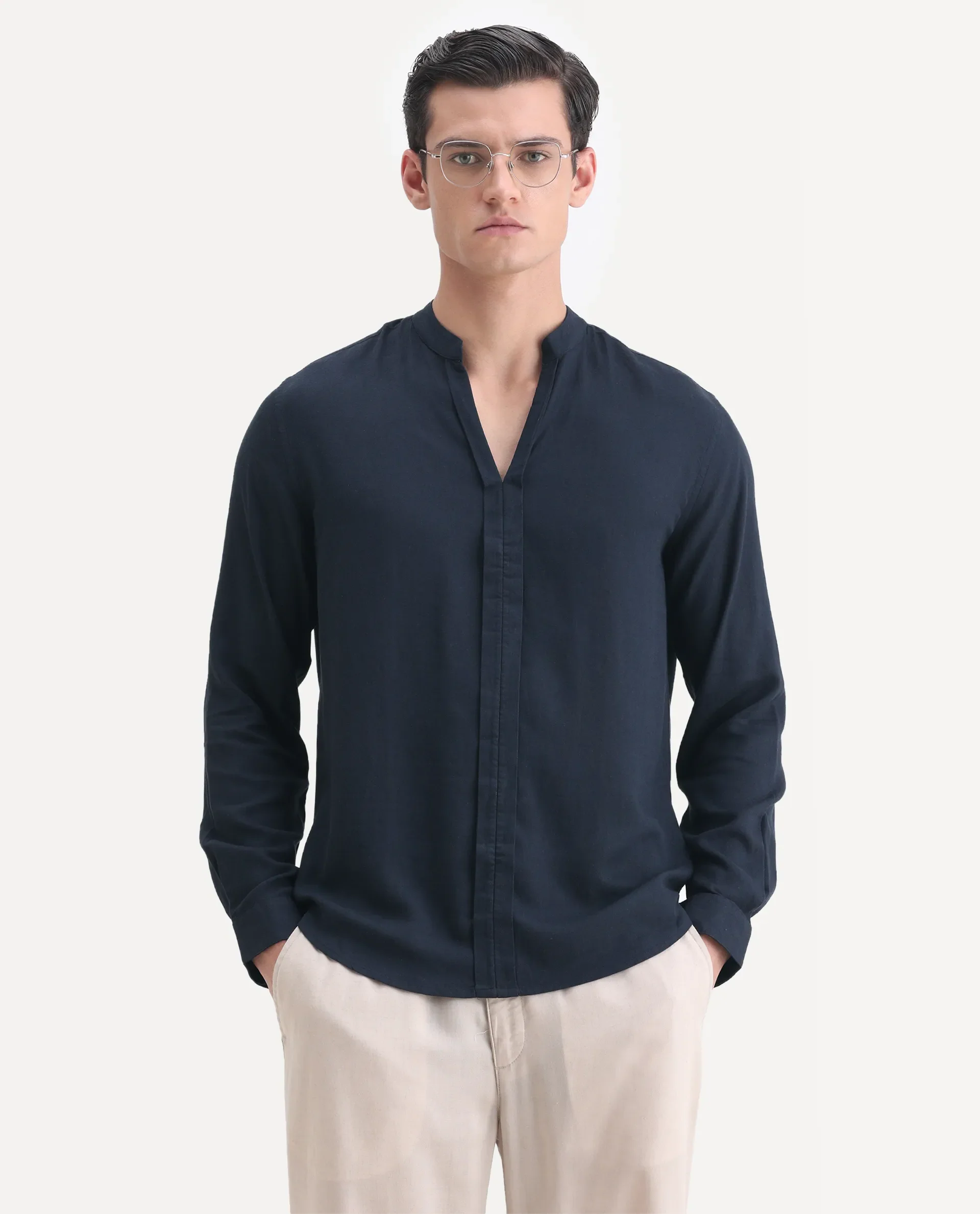 Rare Rabbit Men's Kurt Navy Linen Blend Plain Regular Fit Full Sleeve Mandarin Collar Shirt