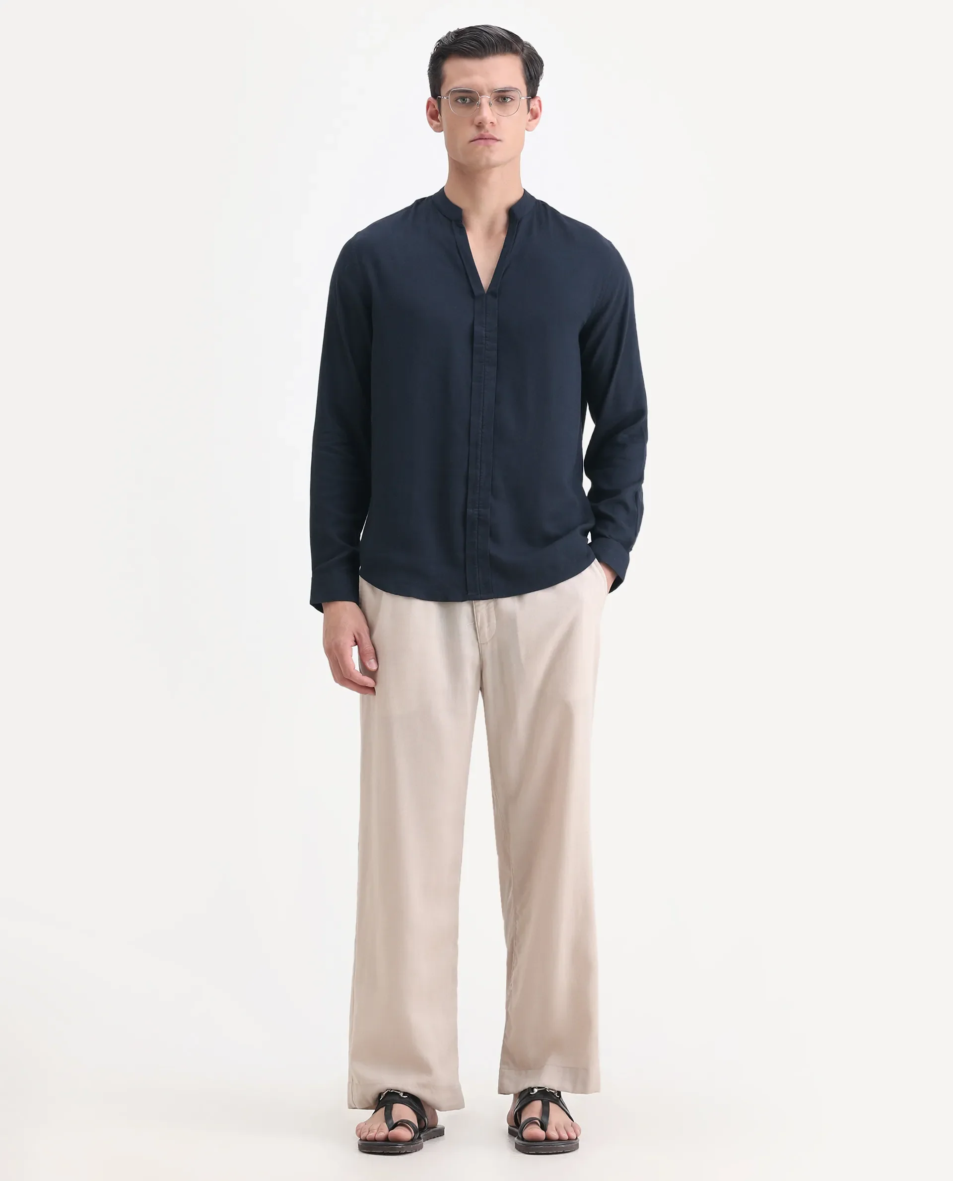 Rare Rabbit Men's Kurt Navy Linen Blend Plain Regular Fit Full Sleeve Mandarin Collar Shirt - Image 2