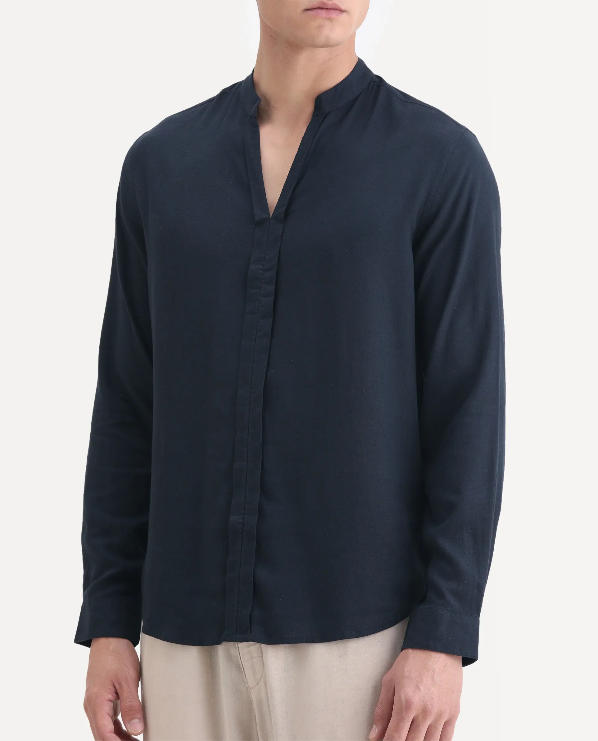 Rare Rabbit Men's Kurt Navy Linen Blend Plain Regular Fit Full Sleeve Mandarin Collar Shirt - Image 3