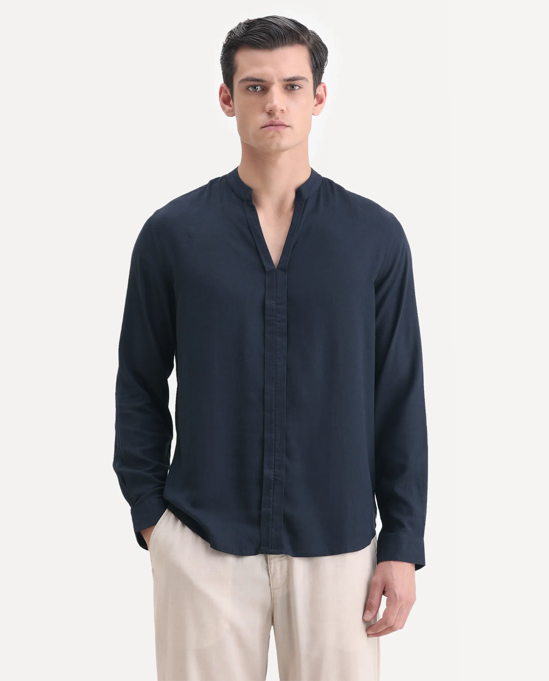 Rare Rabbit Men's Kurt Navy Linen Blend Plain Regular Fit Full Sleeve Mandarin Collar Shirt - Image 4