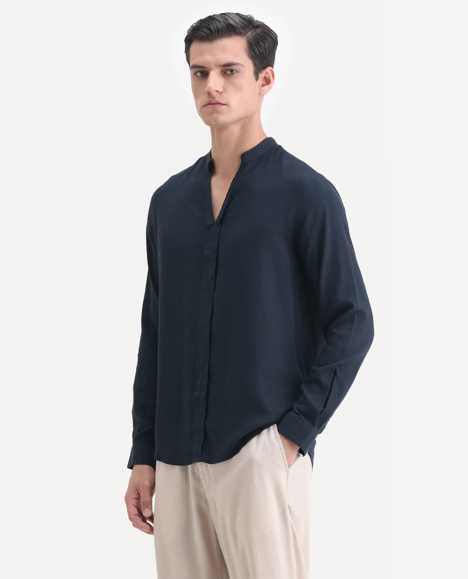 Rare Rabbit Men's Kurt Navy Linen Blend Plain Regular Fit Full Sleeve Mandarin Collar Shirt - Image 5
