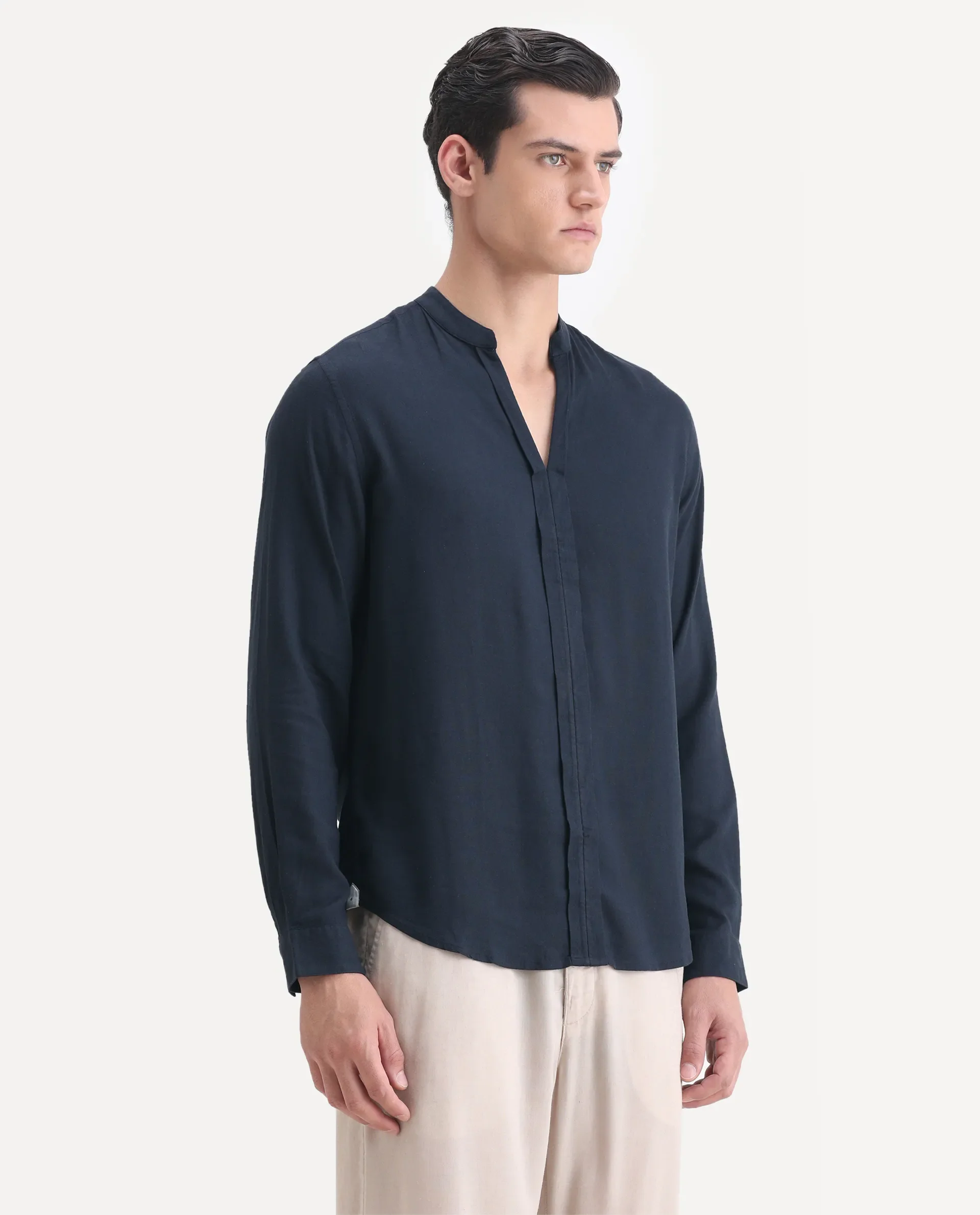 Rare Rabbit Men's Kurt Navy Linen Blend Plain Regular Fit Full Sleeve Mandarin Collar Shirt - Image 6