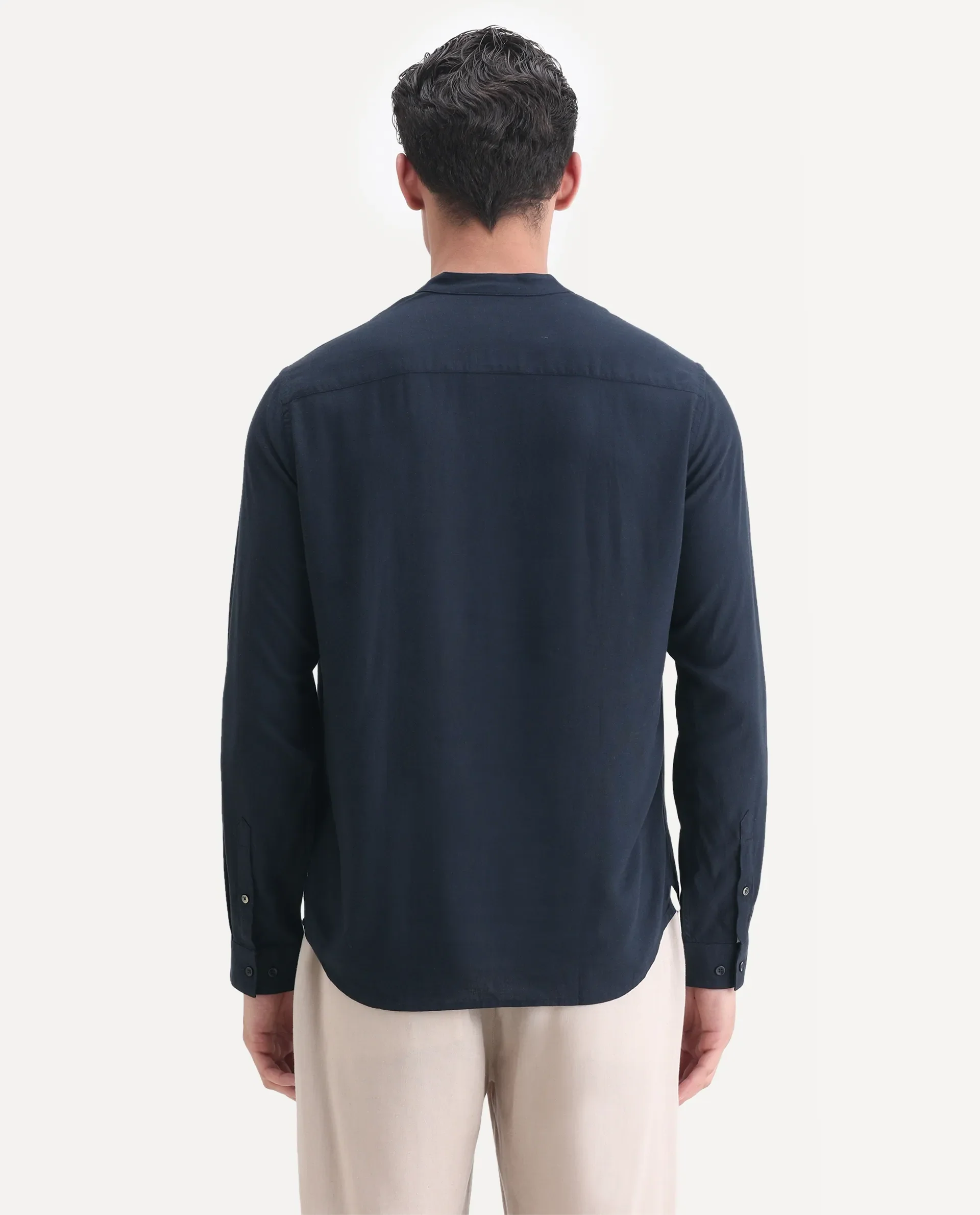 Rare Rabbit Men's Kurt Navy Linen Blend Plain Regular Fit Full Sleeve Mandarin Collar Shirt - Image 7