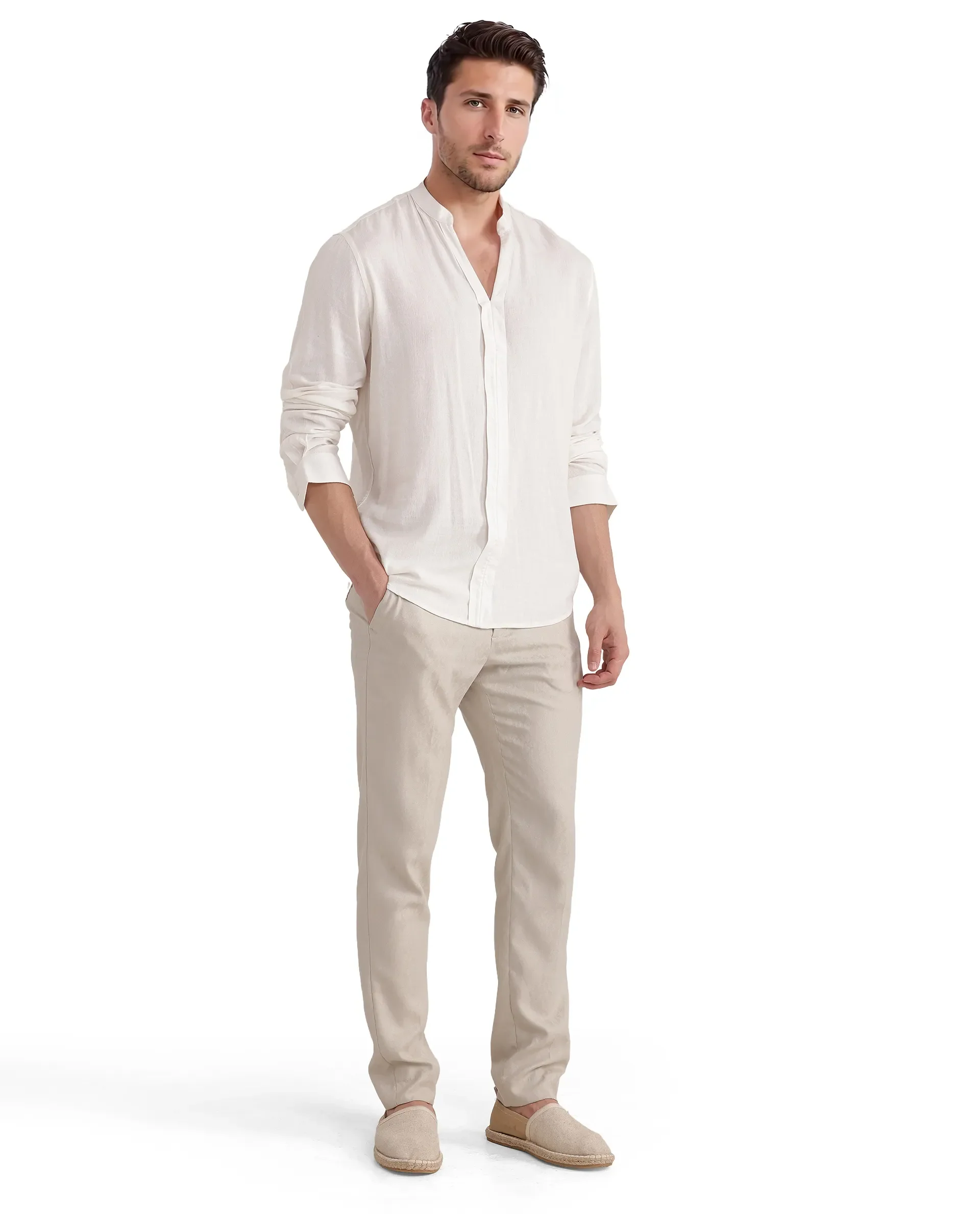 Rare Rabbit Men Kurt White Viscose Linen Fabric Full Sleeve Mandarin Collar Button Closure Plain Shirt - Image 2