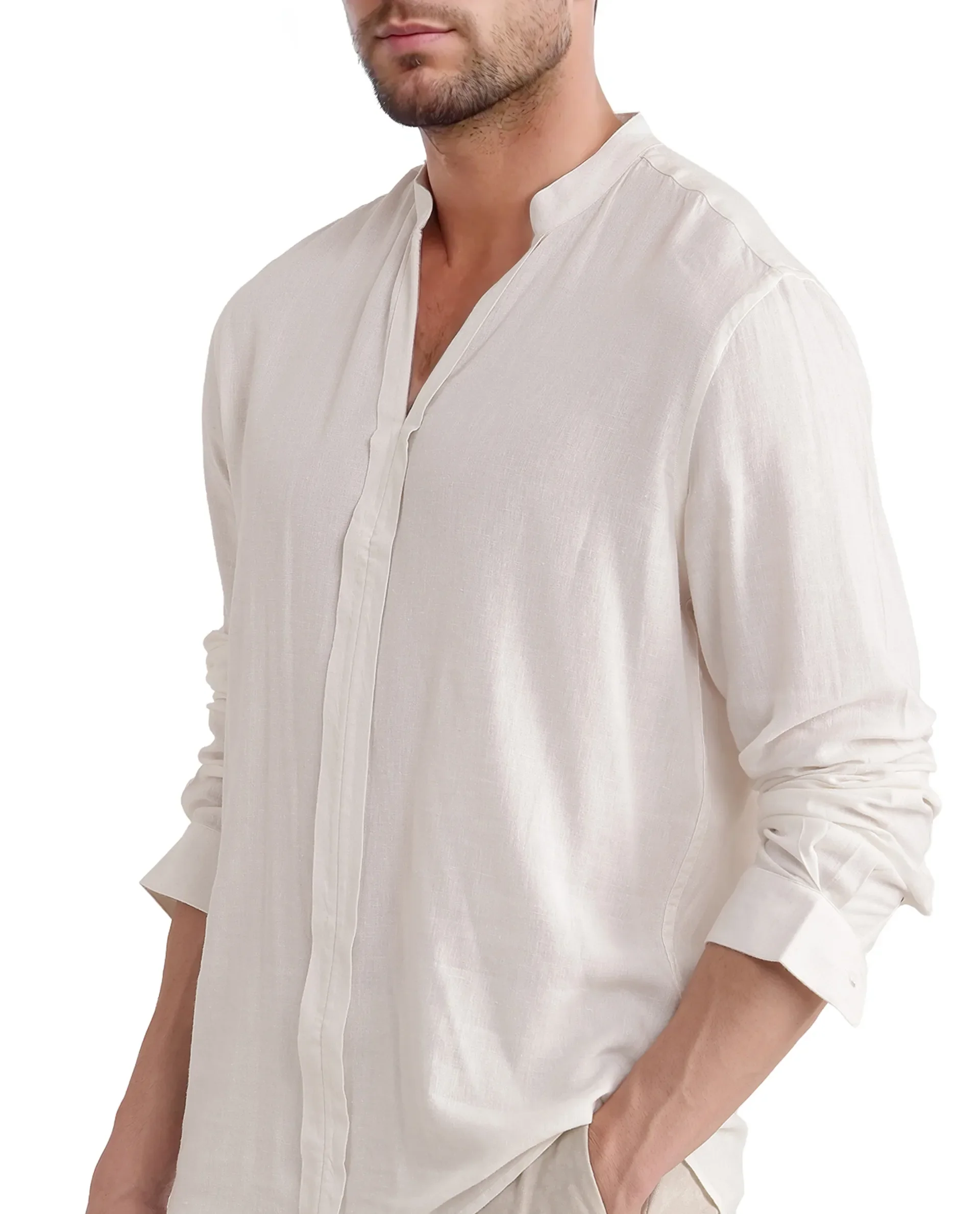 Rare Rabbit Men Kurt White Viscose Linen Fabric Full Sleeve Mandarin Collar Button Closure Plain Shirt - Image 3