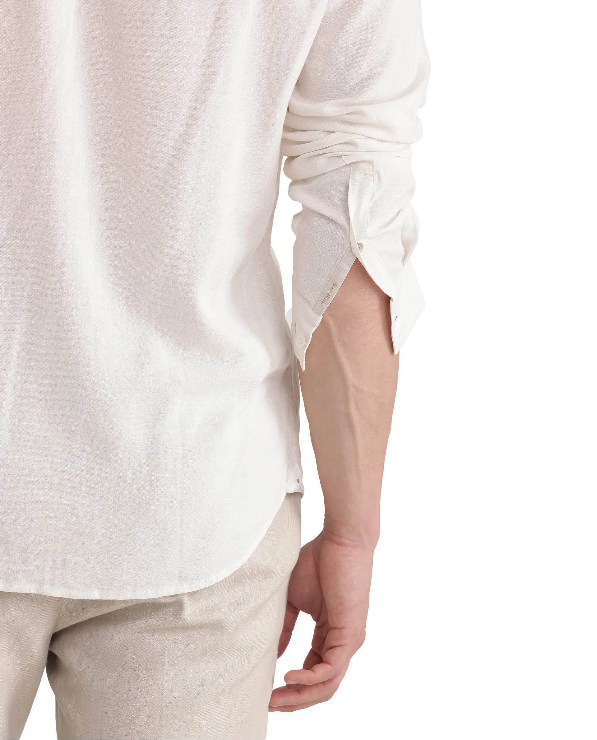 Rare Rabbit Men Kurt White Viscose Linen Fabric Full Sleeve Mandarin Collar Button Closure Plain Shirt - Image 4