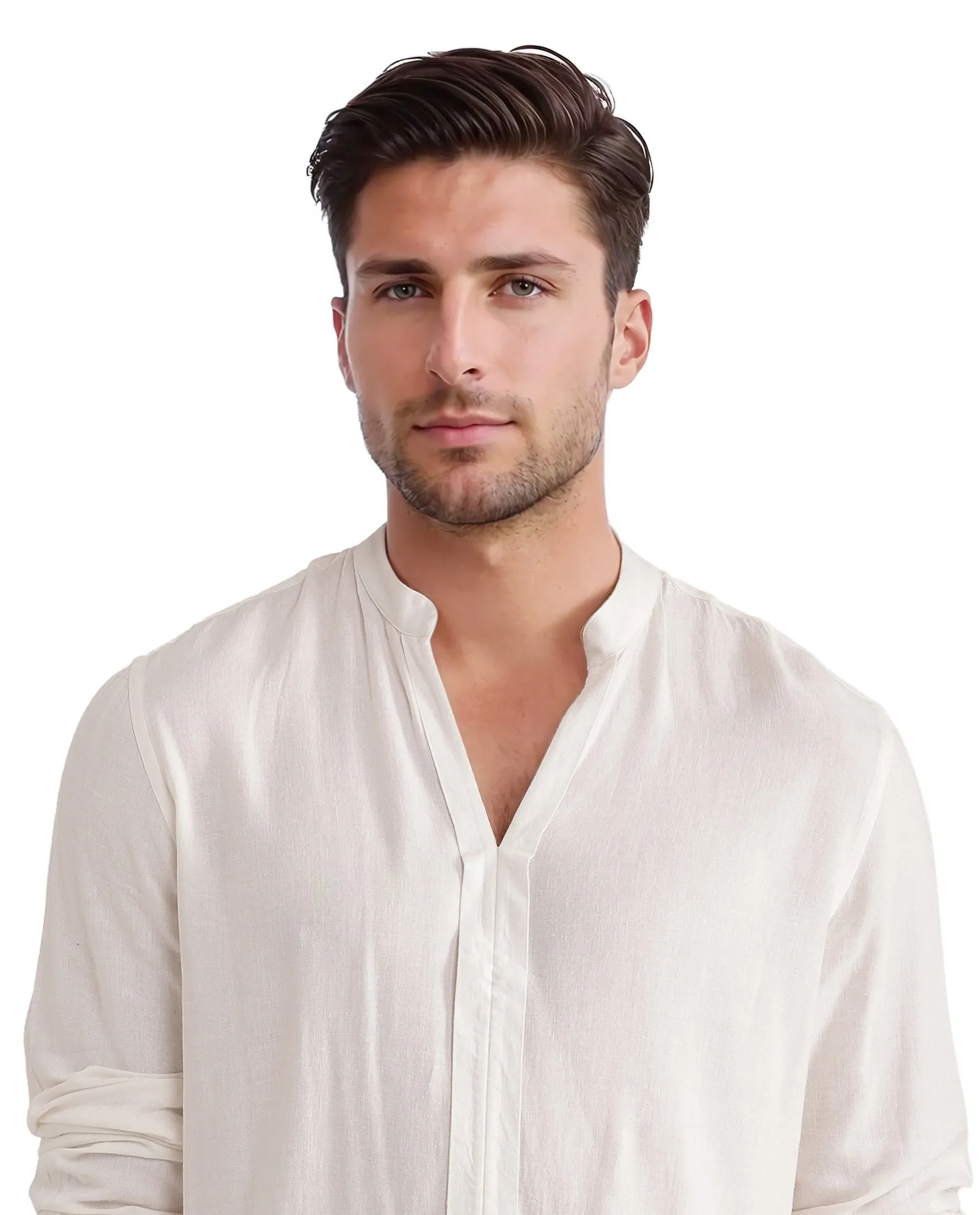 Rare Rabbit Men Kurt White Viscose Linen Fabric Full Sleeve Mandarin Collar Button Closure Plain Shirt - Image 5
