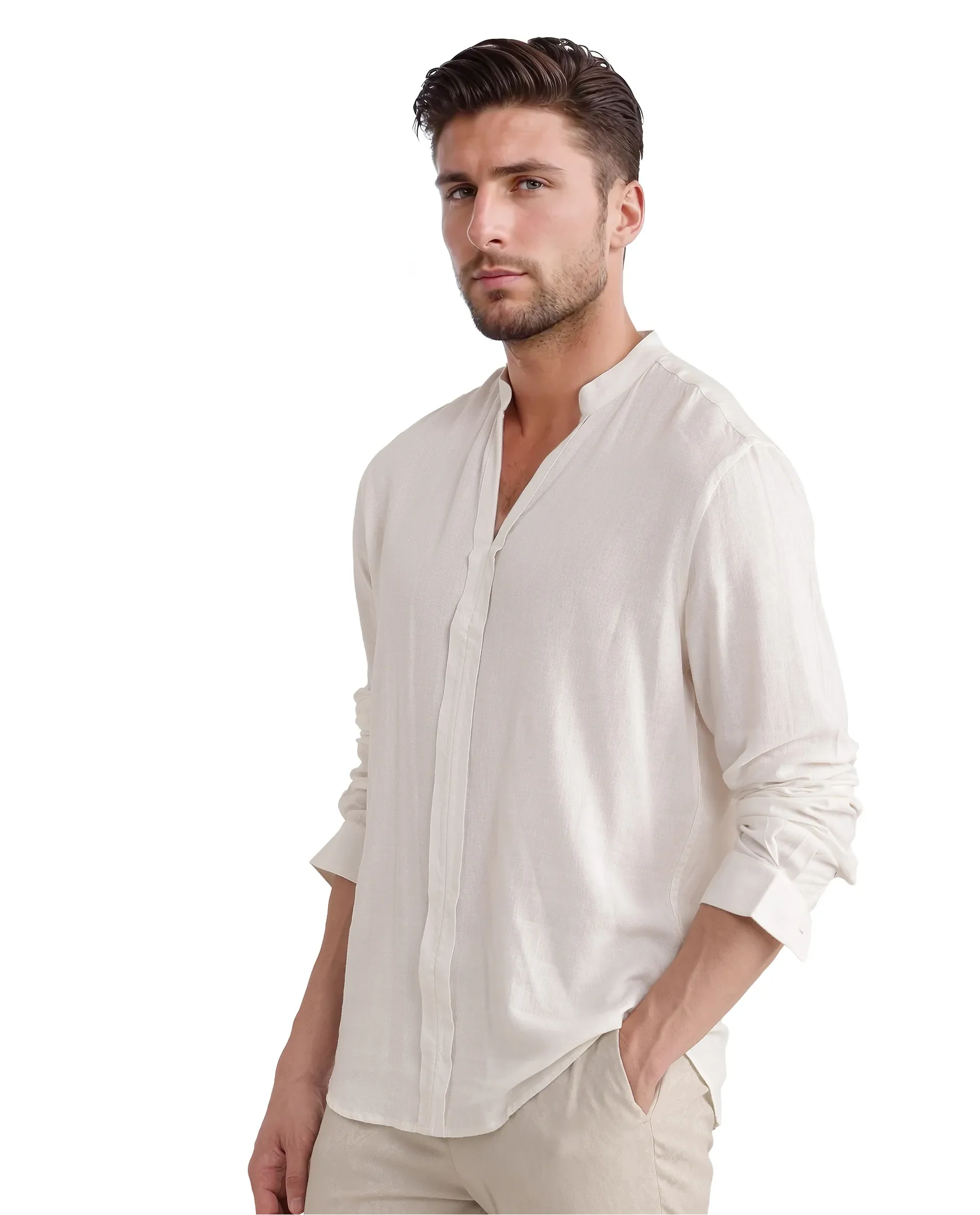 Rare Rabbit Men Kurt White Viscose Linen Fabric Full Sleeve Mandarin Collar Button Closure Plain Shirt - Image 6