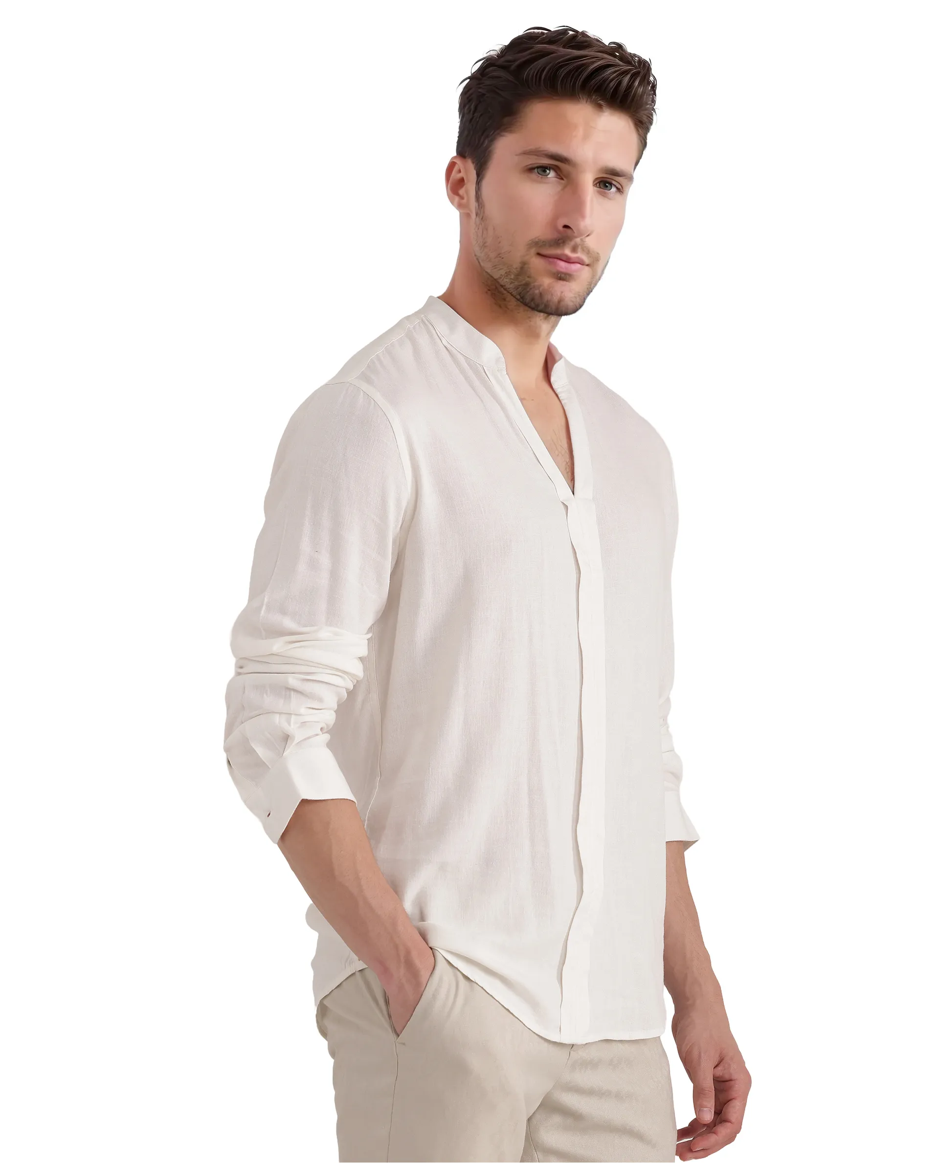 Rare Rabbit Men Kurt White Viscose Linen Fabric Full Sleeve Mandarin Collar Button Closure Plain Shirt - Image 7