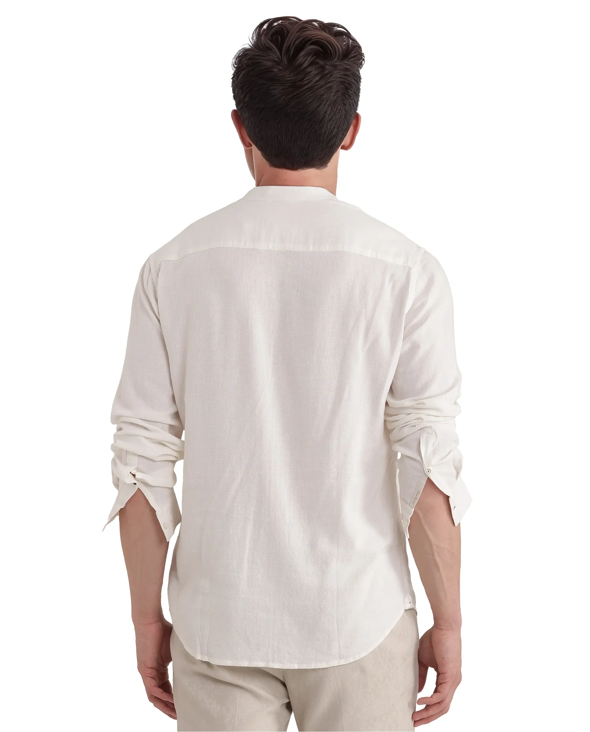 Rare Rabbit Men Kurt White Viscose Linen Fabric Full Sleeve Mandarin Collar Button Closure Plain Shirt - Image 8