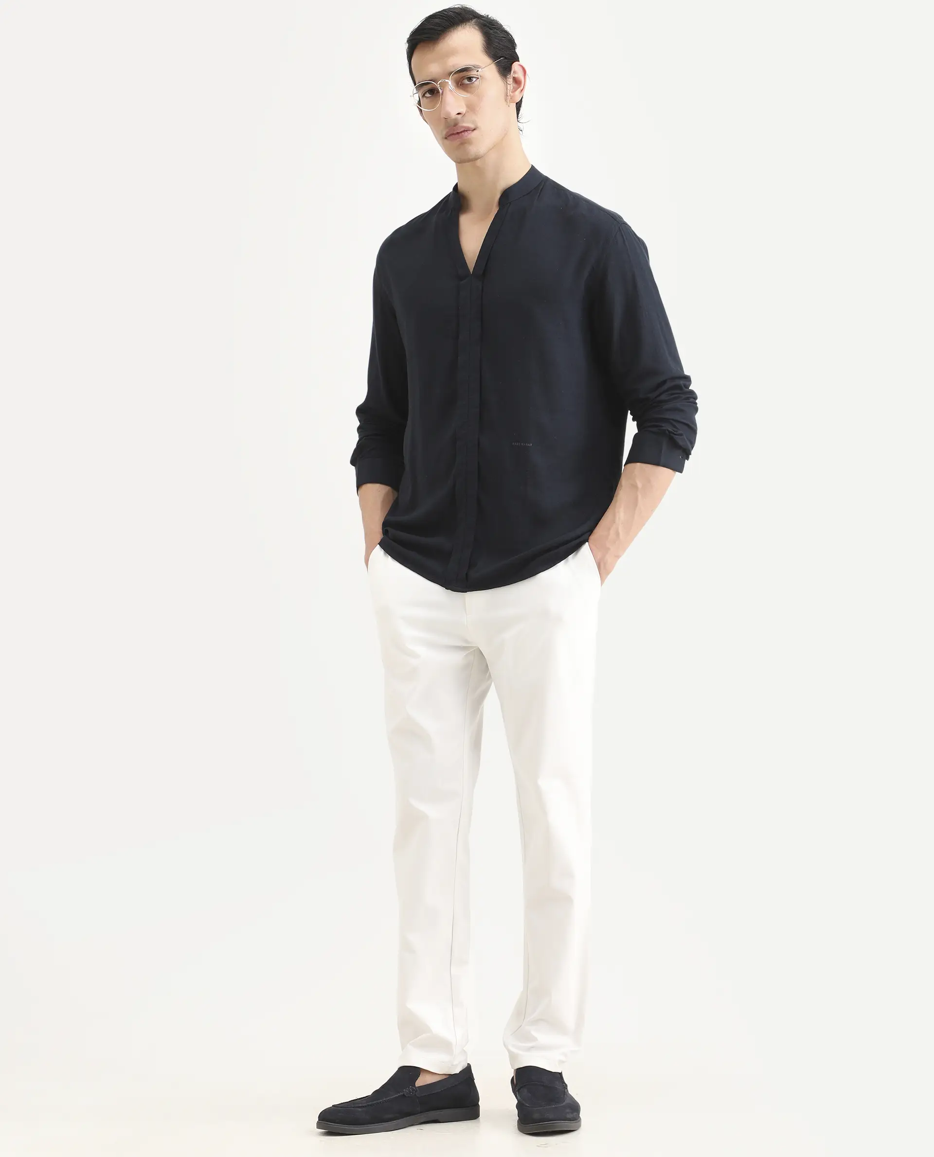 Rare Rabbit Men's Kurto-26 Navy Linen Blend Fabric Full Sleeve Mandarin Collar Regular Fit Plain Shirt - Image 2