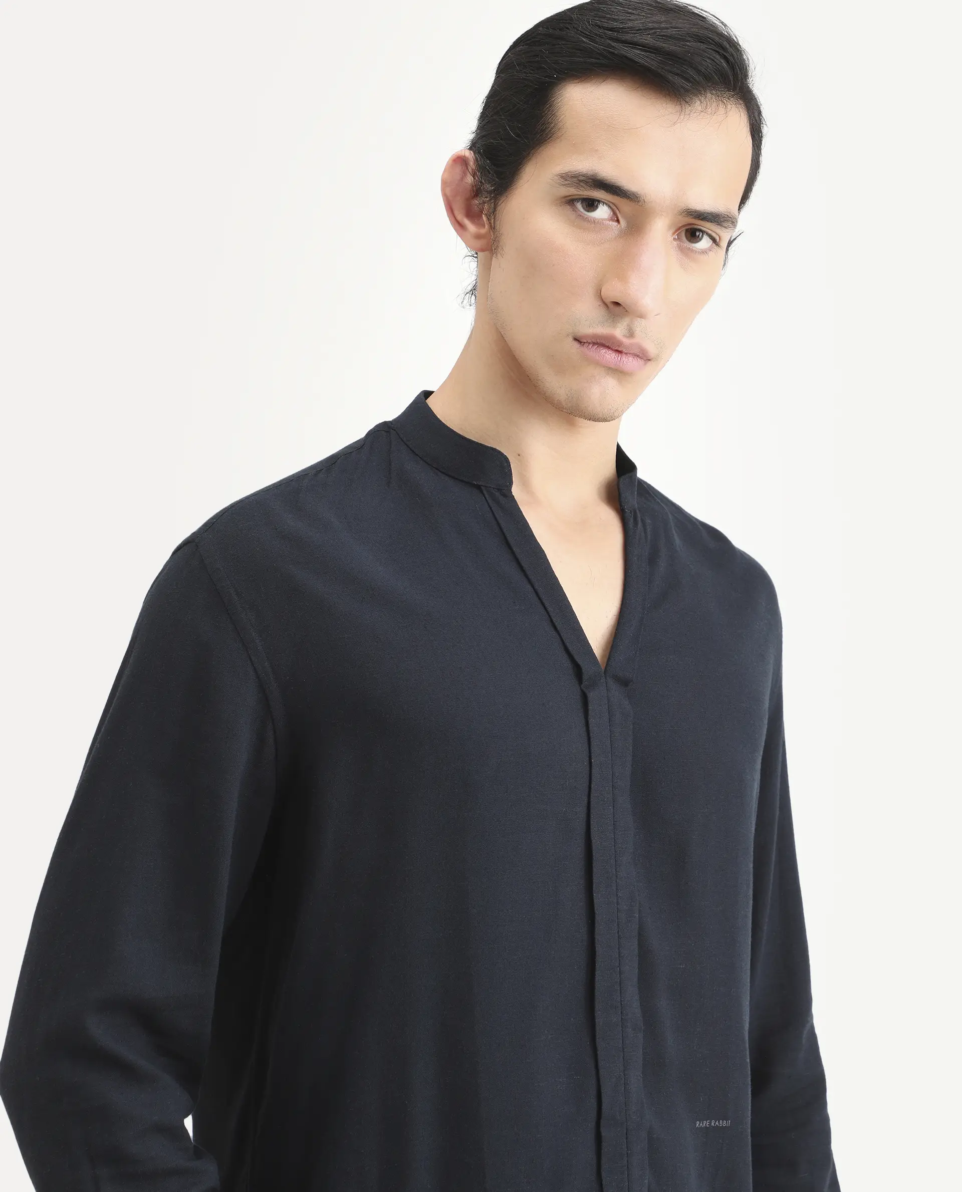 Rare Rabbit Men's Kurto-26 Navy Linen Blend Fabric Full Sleeve Mandarin Collar Regular Fit Plain Shirt - Image 3