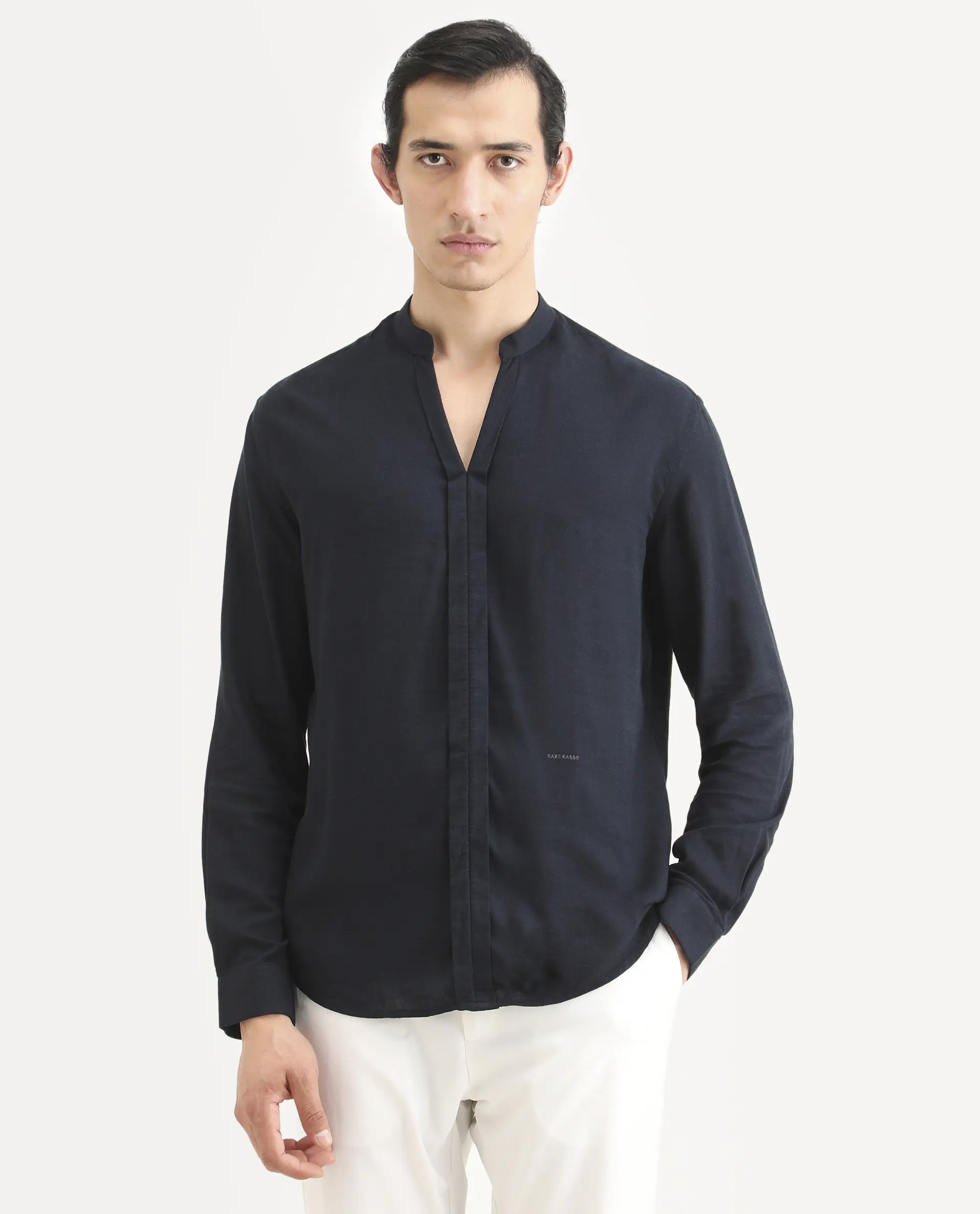 Rare Rabbit Men's Kurto-26 Navy Linen Blend Fabric Full Sleeve Mandarin Collar Regular Fit Plain Shirt - Image 4