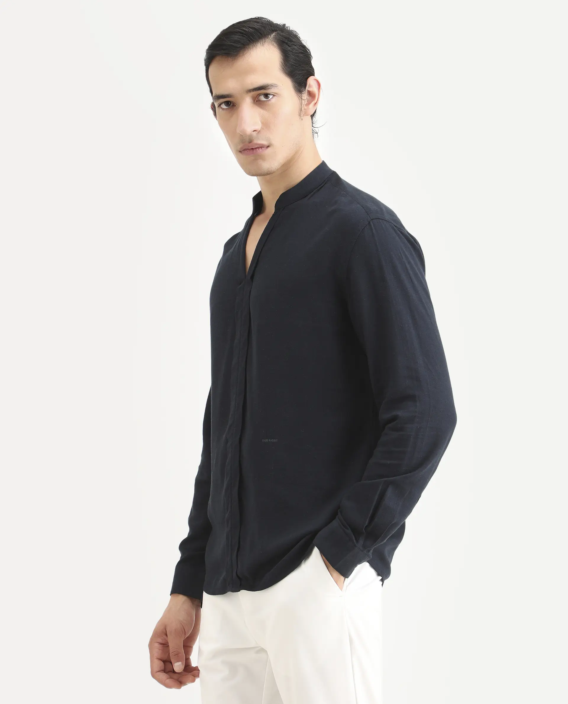 Rare Rabbit Men's Kurto-26 Navy Linen Blend Fabric Full Sleeve Mandarin Collar Regular Fit Plain Shirt - Image 5