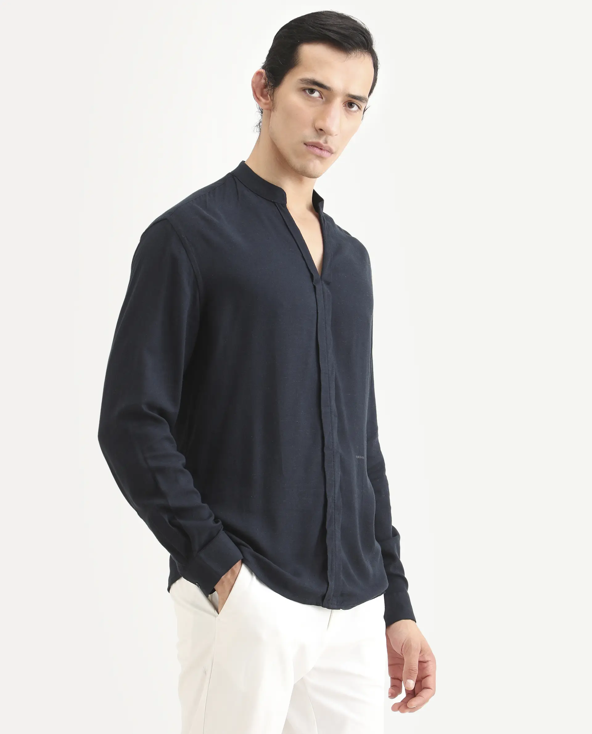 Rare Rabbit Men's Kurto-26 Navy Linen Blend Fabric Full Sleeve Mandarin Collar Regular Fit Plain Shirt - Image 6