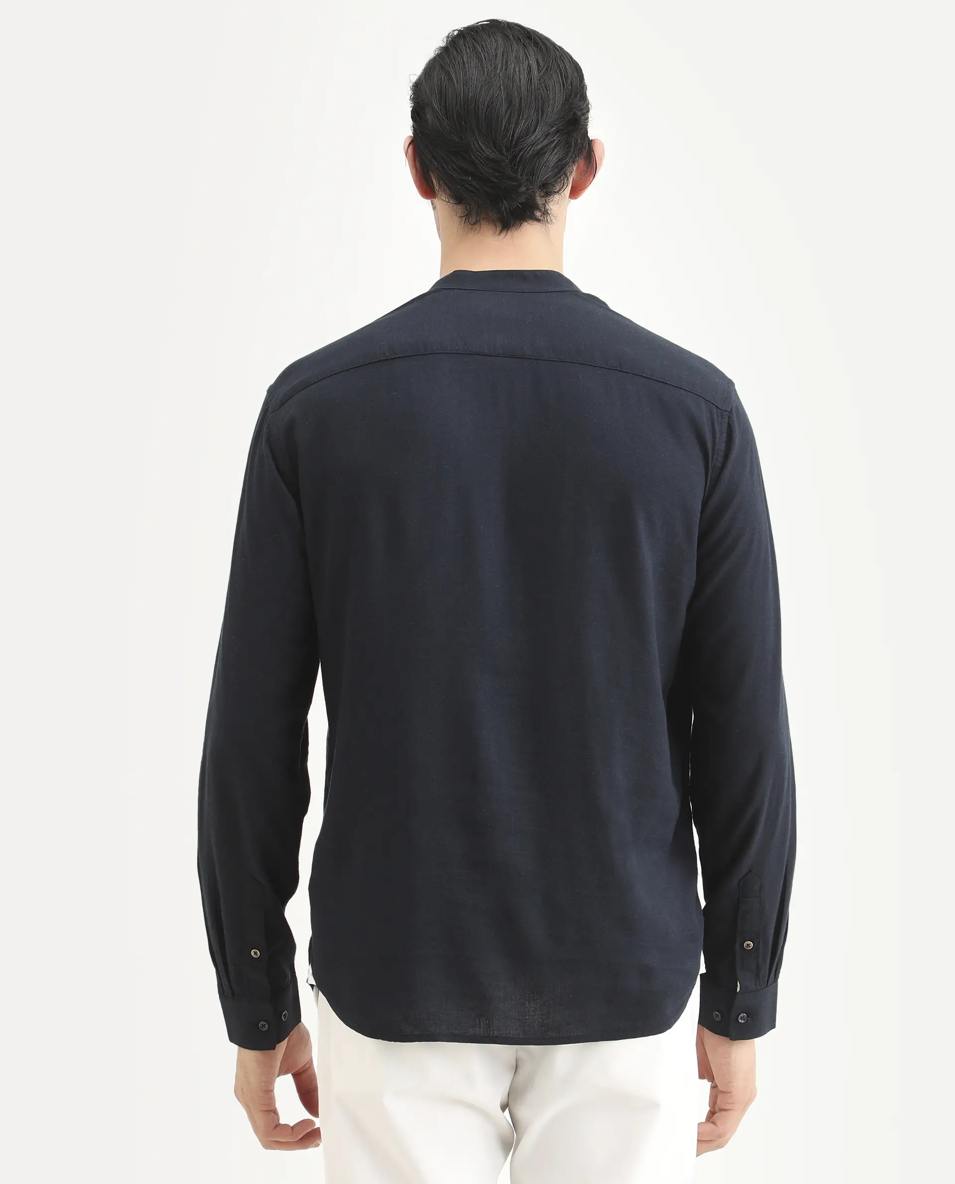 Rare Rabbit Men's Kurto-26 Navy Linen Blend Fabric Full Sleeve Mandarin Collar Regular Fit Plain Shirt - Image 7