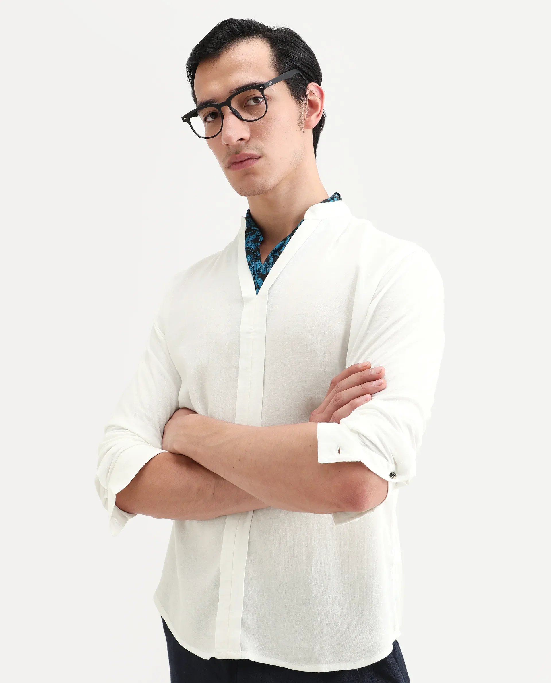 Rare Rabbit Men's Kurto-26 White Linen Blend Fabric Full Sleeve Mandarin Collar Regular Fit Plain Shirt