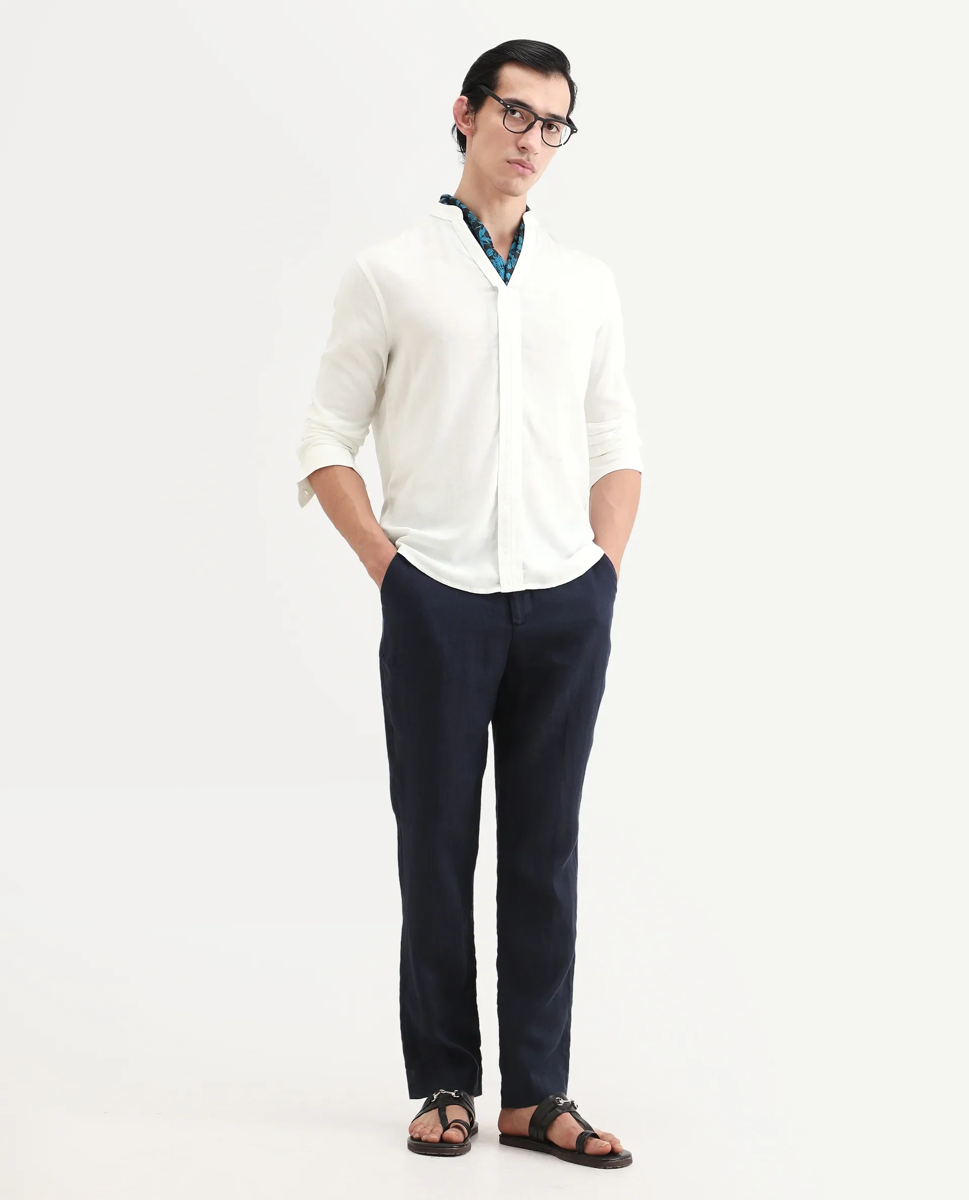 Rare Rabbit Men's Kurto-26 White Linen Blend Fabric Full Sleeve Mandarin Collar Regular Fit Plain Shirt - Image 2
