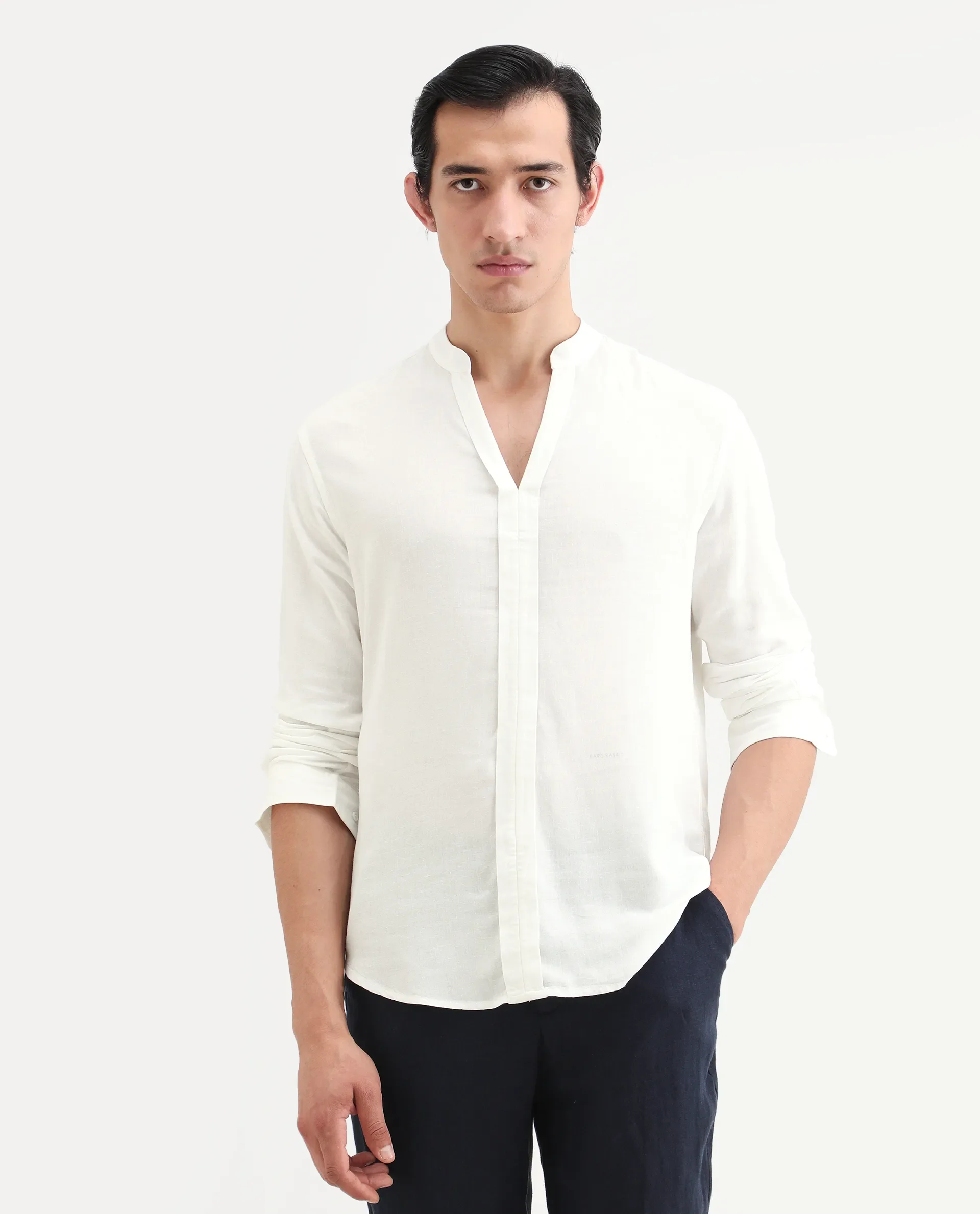 Rare Rabbit Men's Kurto-26 White Linen Blend Fabric Full Sleeve Mandarin Collar Regular Fit Plain Shirt - Image 3