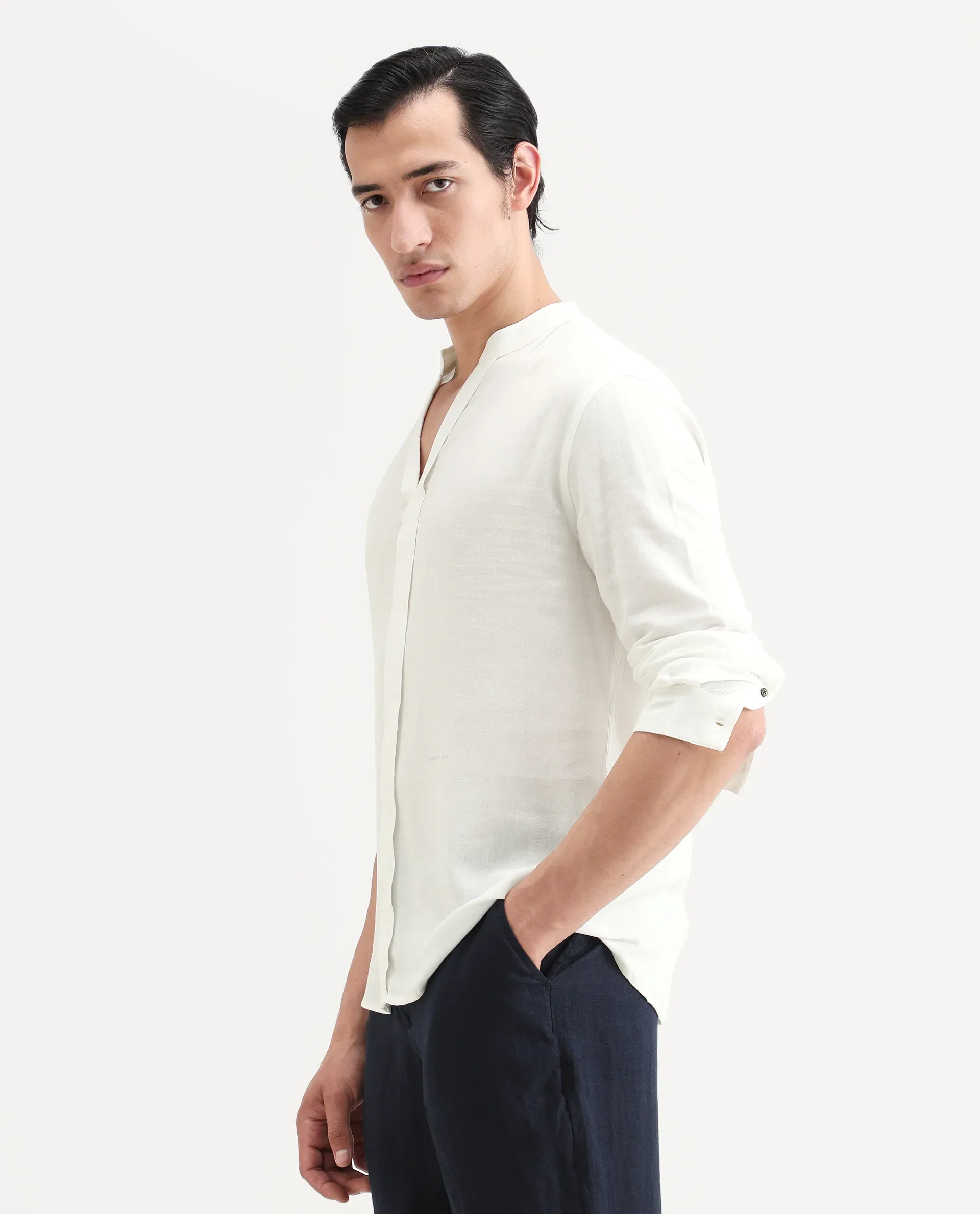 Rare Rabbit Men's Kurto-26 White Linen Blend Fabric Full Sleeve Mandarin Collar Regular Fit Plain Shirt - Image 5