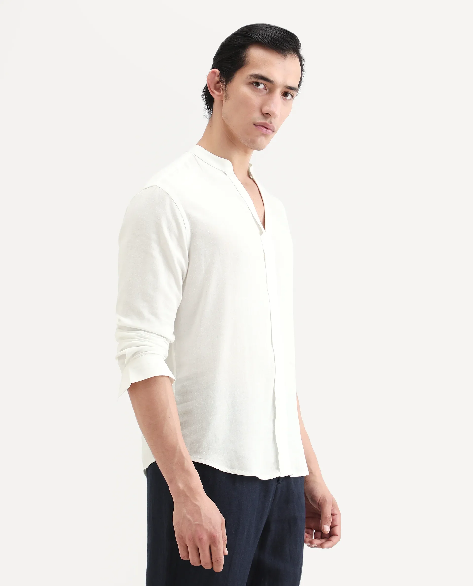 Rare Rabbit Men's Kurto-26 White Linen Blend Fabric Full Sleeve Mandarin Collar Regular Fit Plain Shirt - Image 6