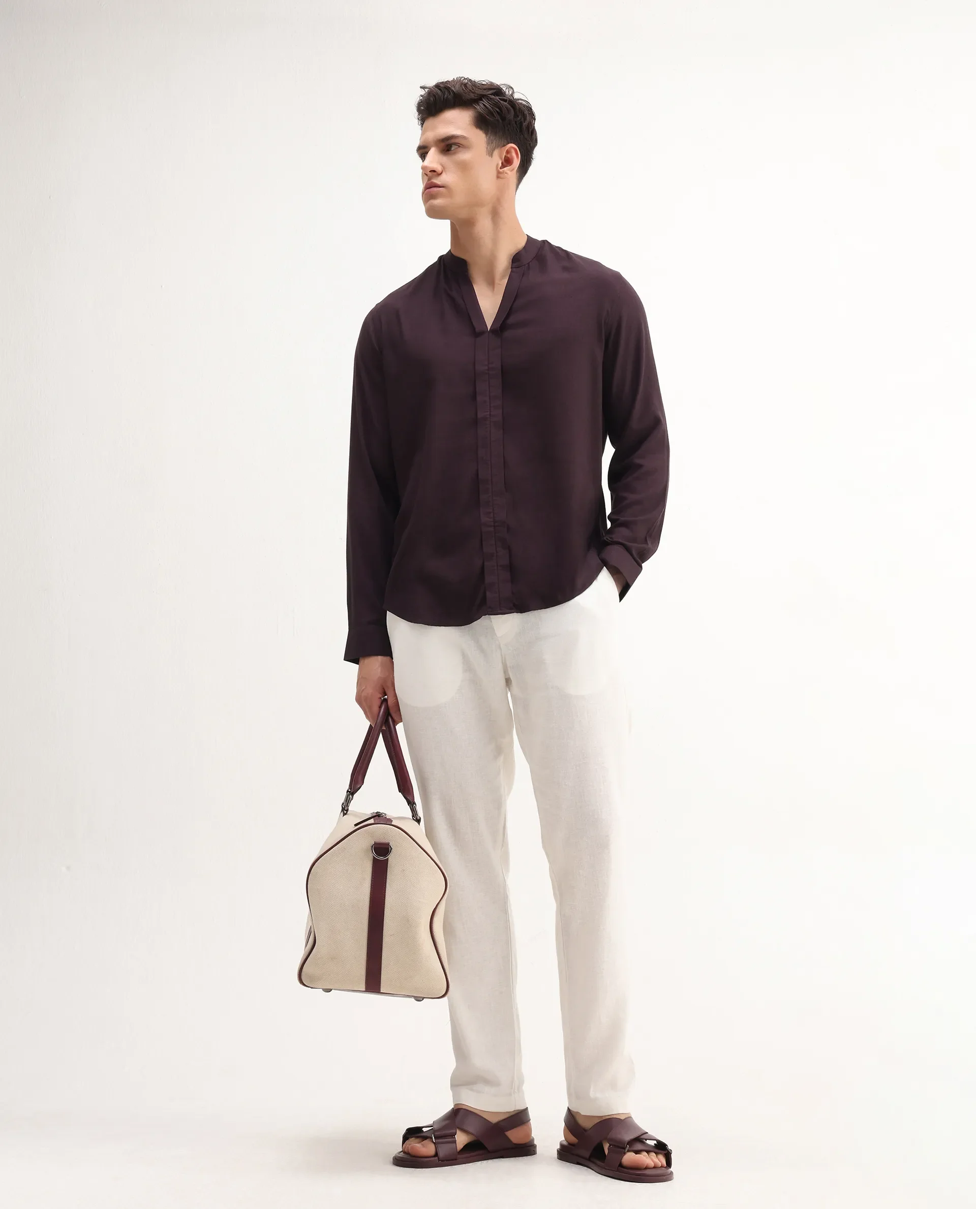 Rare Rabbit Men's Kurto 25 Dusky Maroon Linen Blend Plain Regular Fit Full Sleeve Mandarin Collar Shirt - Image 2