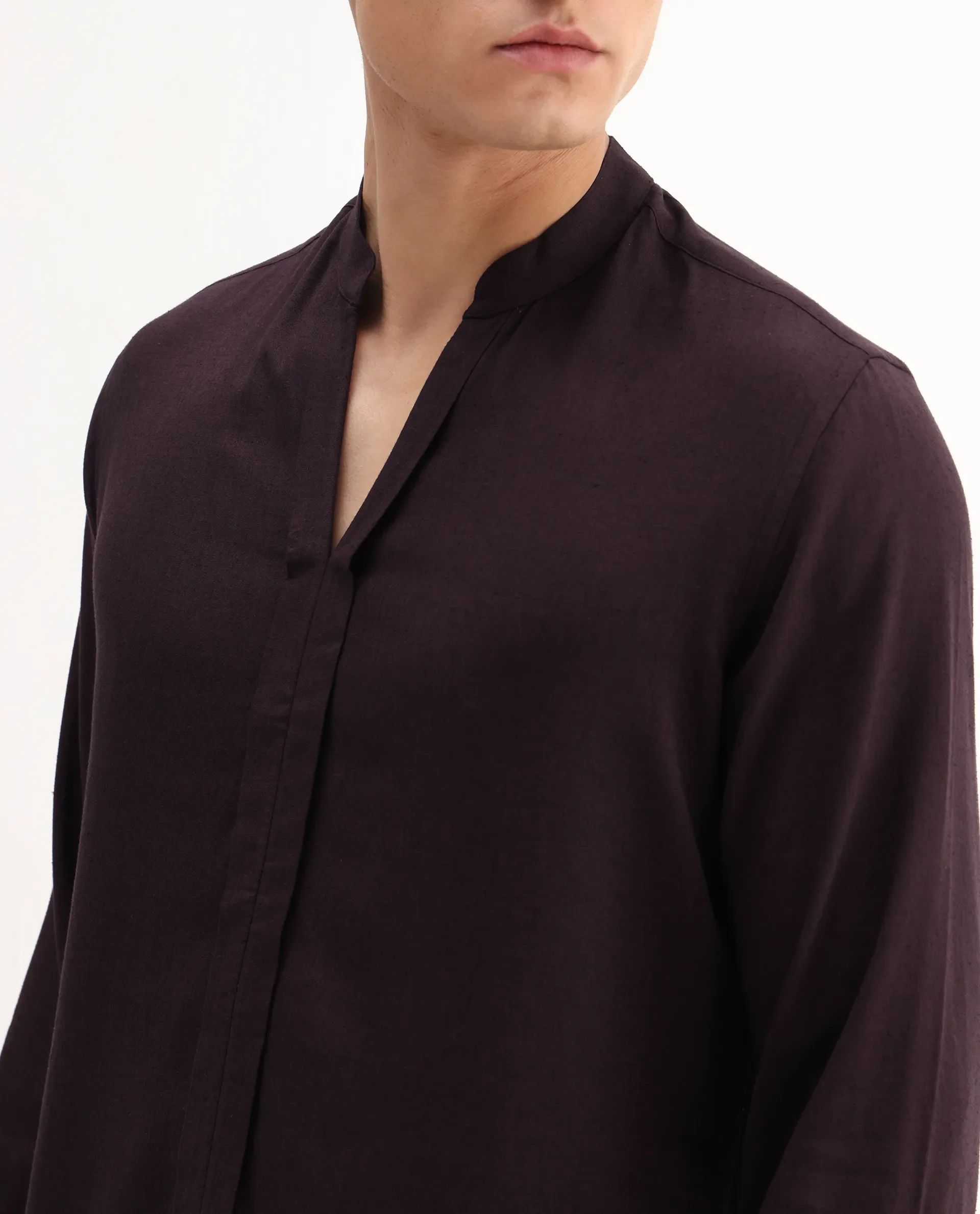 Rare Rabbit Men's Kurto 25 Dusky Maroon Linen Blend Plain Regular Fit Full Sleeve Mandarin Collar Shirt - Image 3