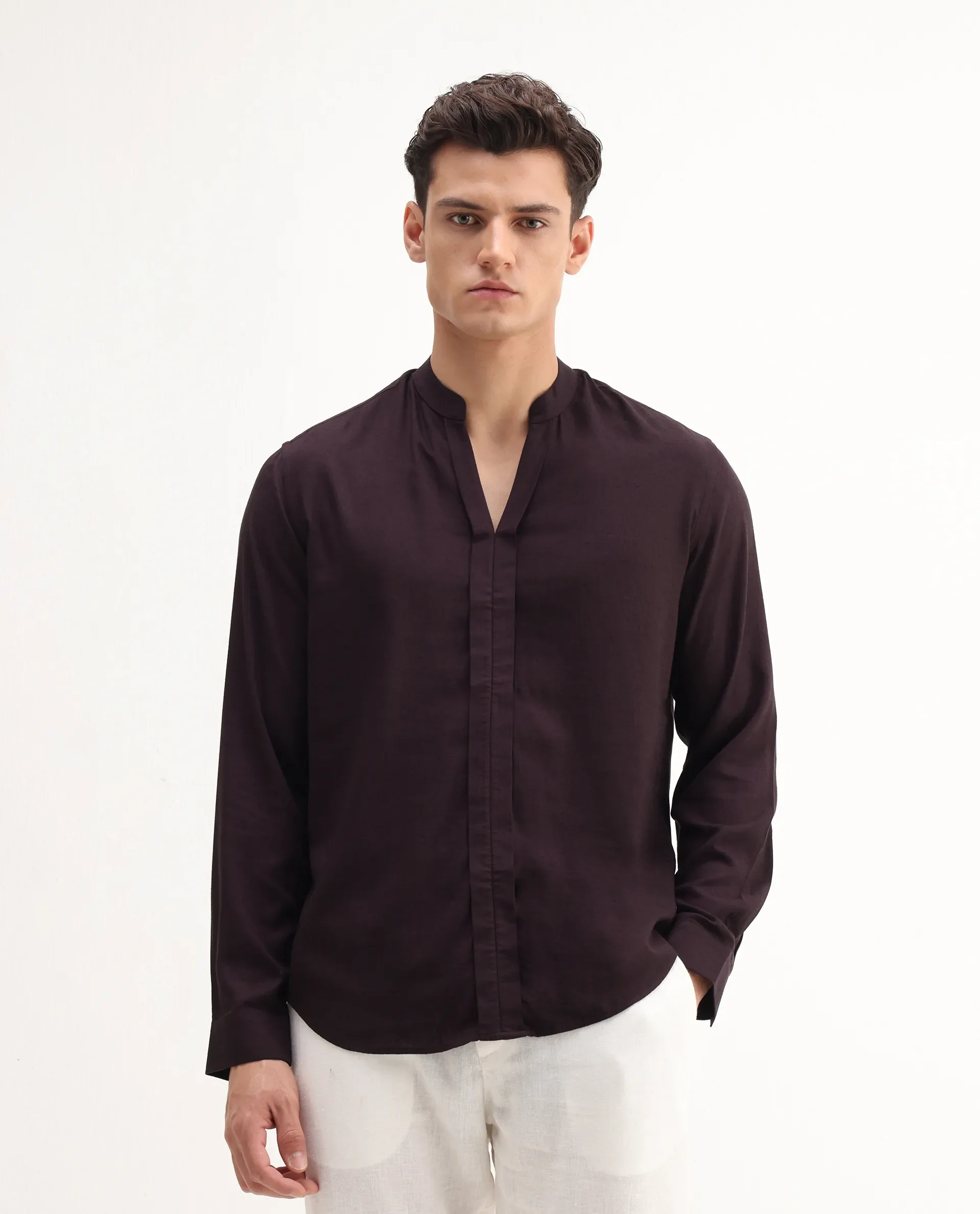 Rare Rabbit Men's Kurto 25 Dusky Maroon Linen Blend Plain Regular Fit Full Sleeve Mandarin Collar Shirt - Image 5