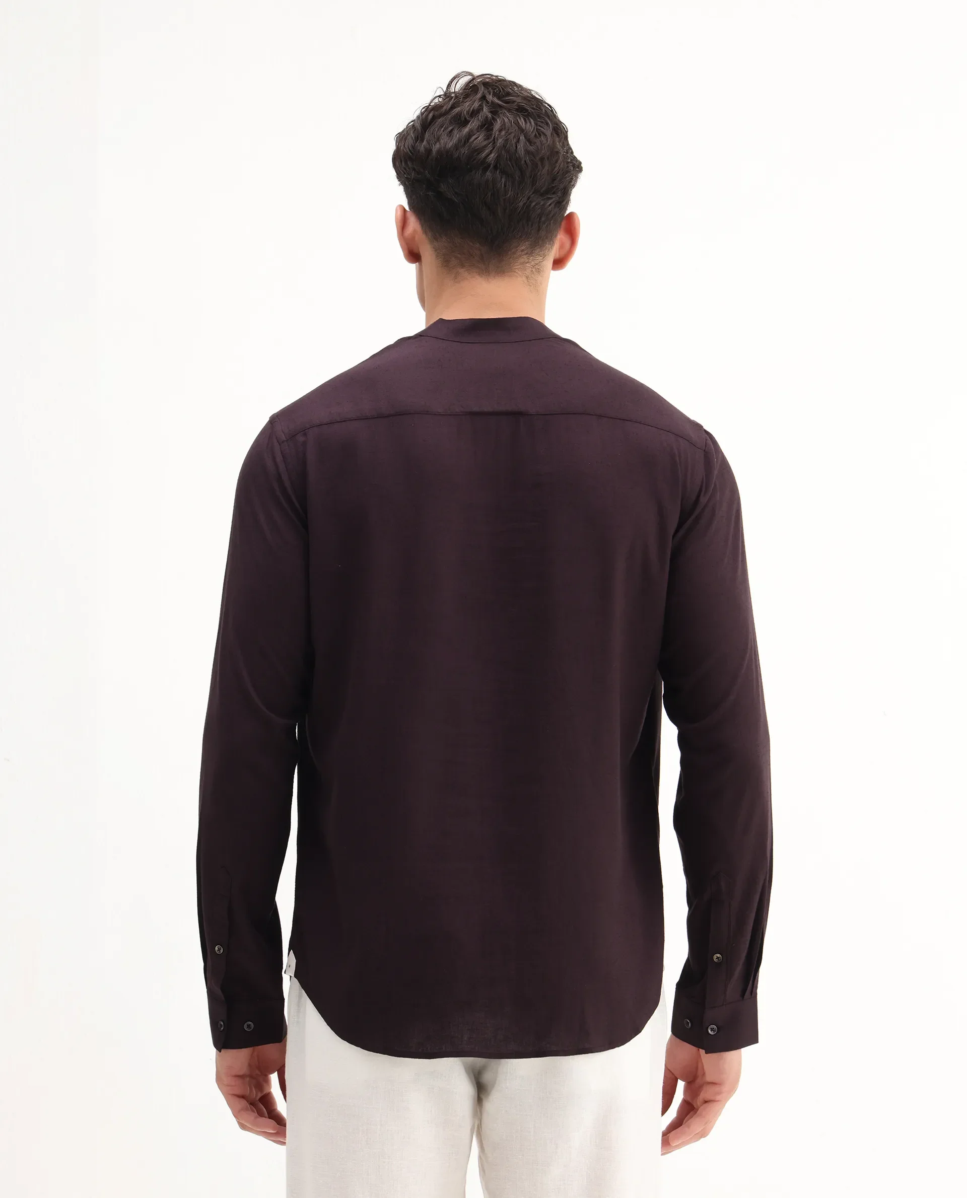 Rare Rabbit Men's Kurto 25 Dusky Maroon Linen Blend Plain Regular Fit Full Sleeve Mandarin Collar Shirt - Image 7