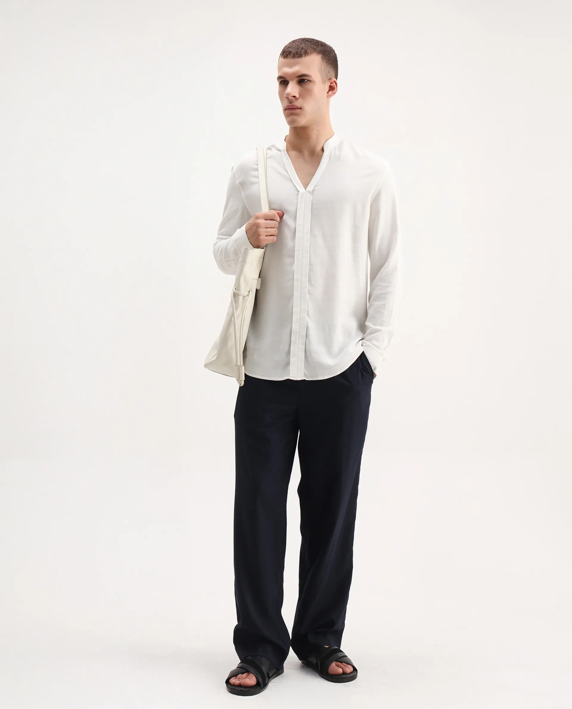 Rare Rabbit Men's Kurto 25 White Linen Blend Plain Regular Fit Full Sleeve Mandarin Collar Shirt - Image 2