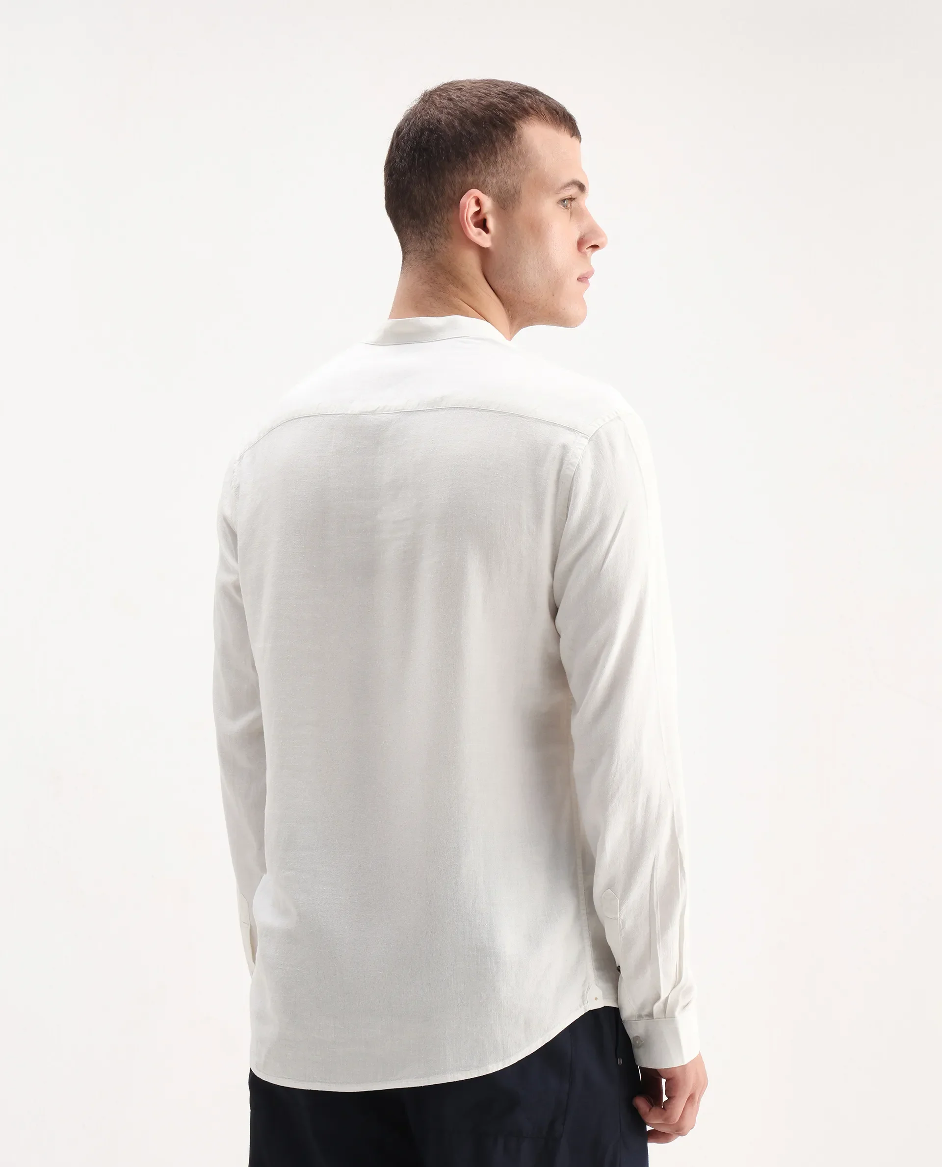 Rare Rabbit Men's Kurto 25 White Linen Blend Plain Regular Fit Full Sleeve Mandarin Collar Shirt - Image 4