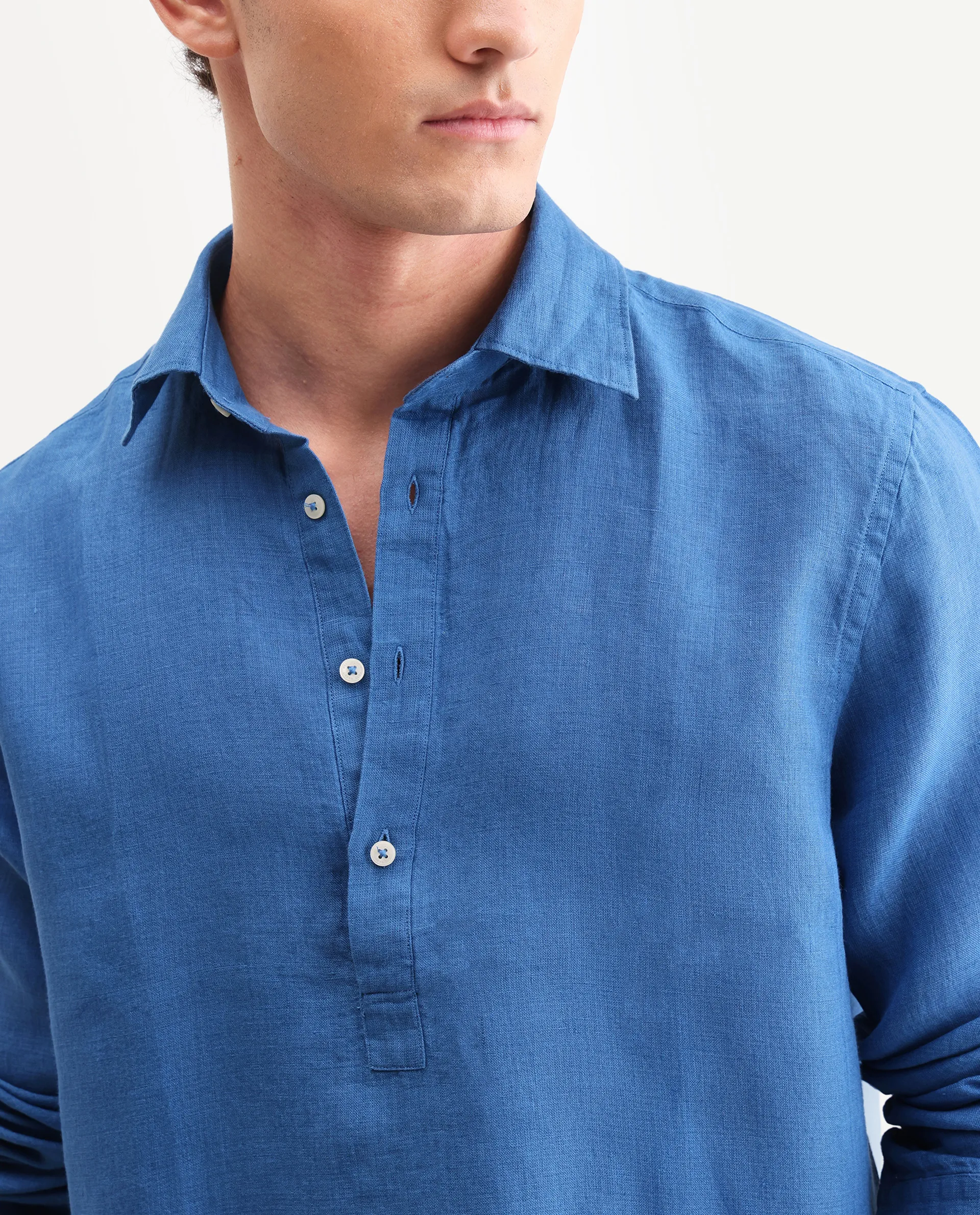 Rare Rabbit Men's Kurts Blue 100% Linen Plain Regular Fit Full Sleeve Collared Shirt - Image 3