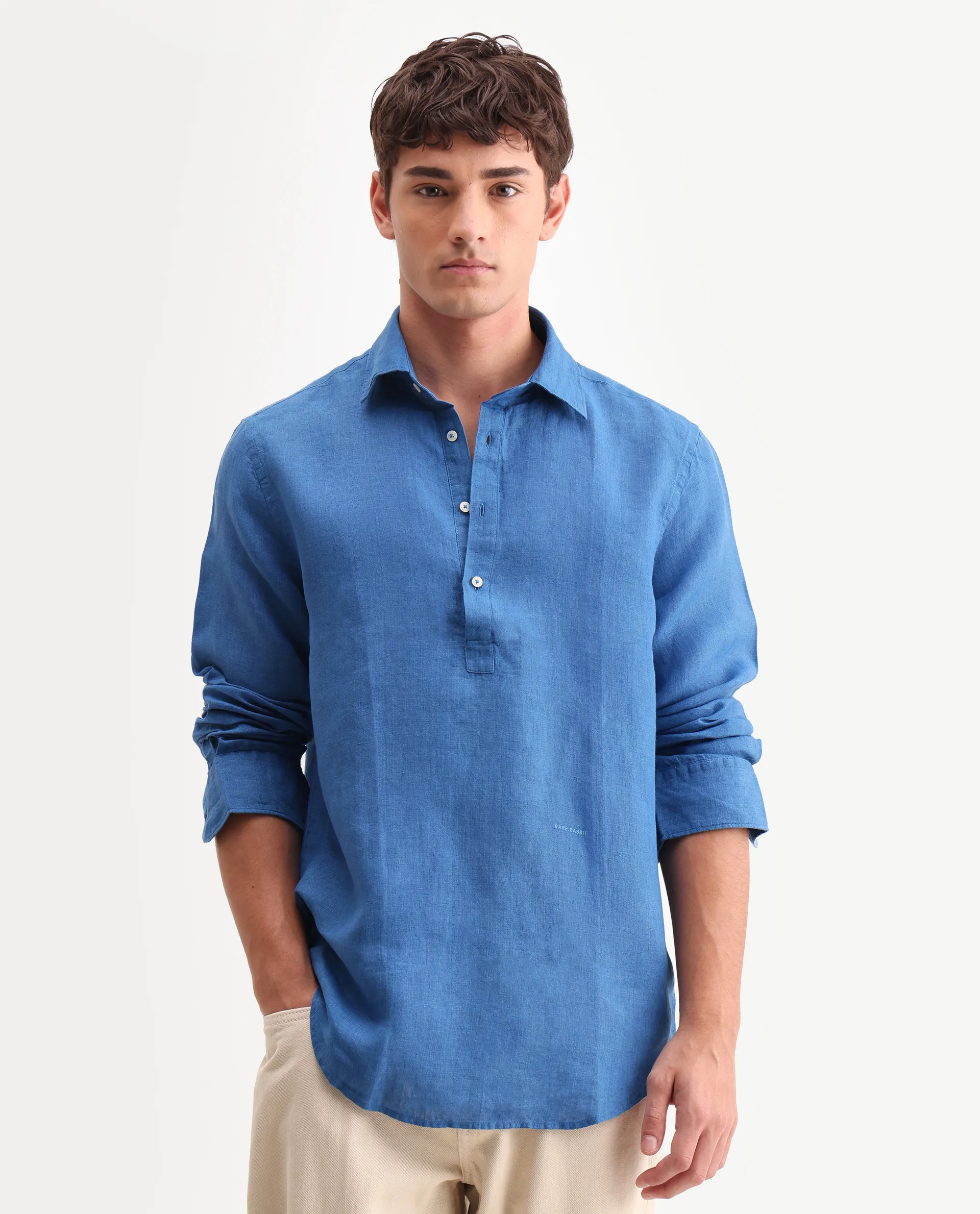 Rare Rabbit Men's Kurts Blue 100% Linen Plain Regular Fit Full Sleeve Collared Shirt - Image 4