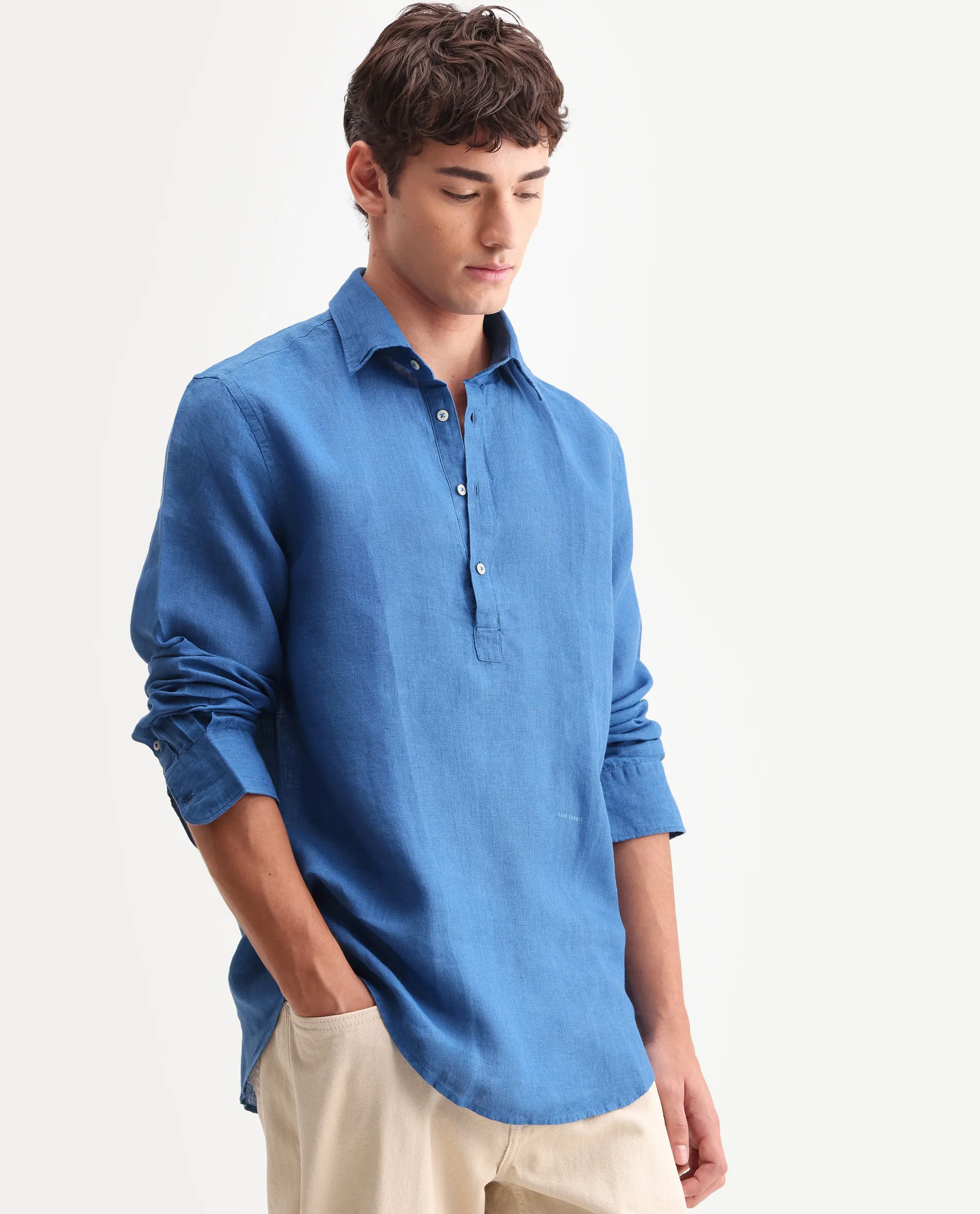 Rare Rabbit Men's Kurts Blue 100% Linen Plain Regular Fit Full Sleeve Collared Shirt - Image 5