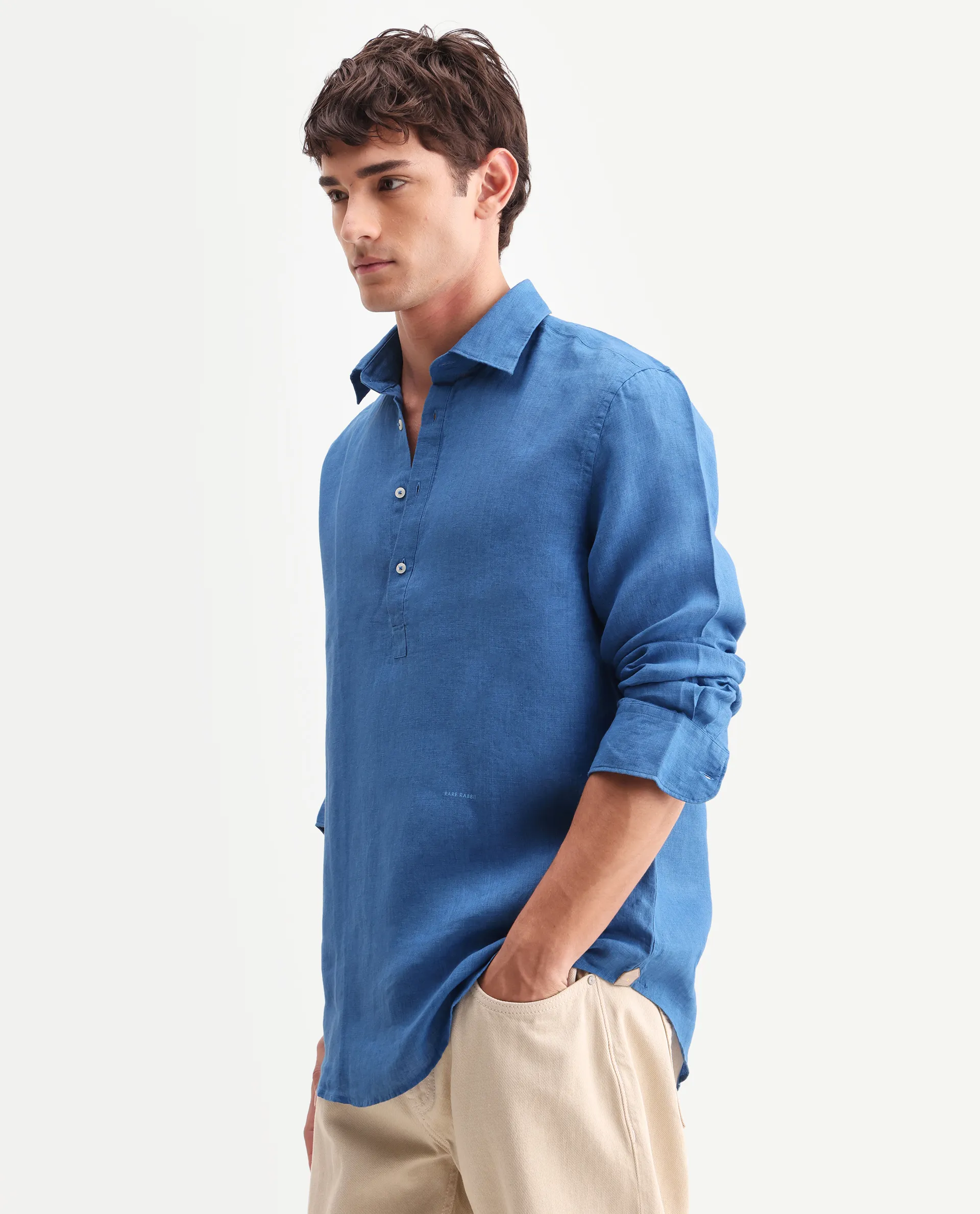 Rare Rabbit Men's Kurts Blue 100% Linen Plain Regular Fit Full Sleeve Collared Shirt - Image 6