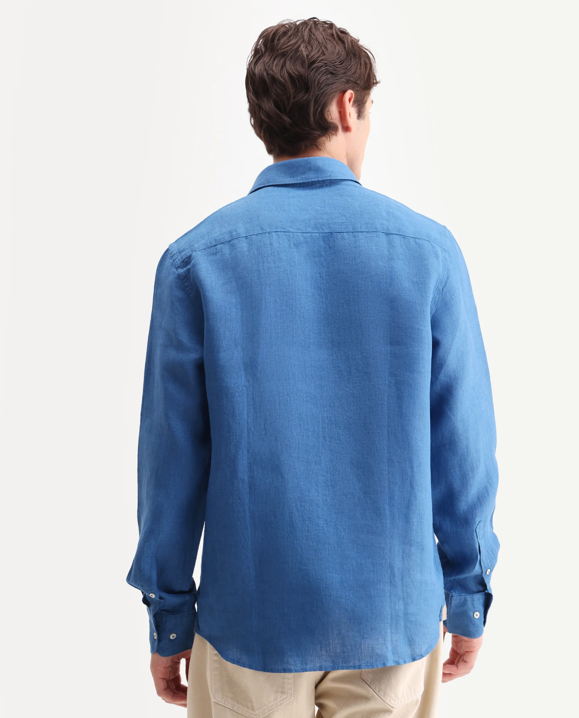 Rare Rabbit Men's Kurts Blue 100% Linen Plain Regular Fit Full Sleeve Collared Shirt - Image 7