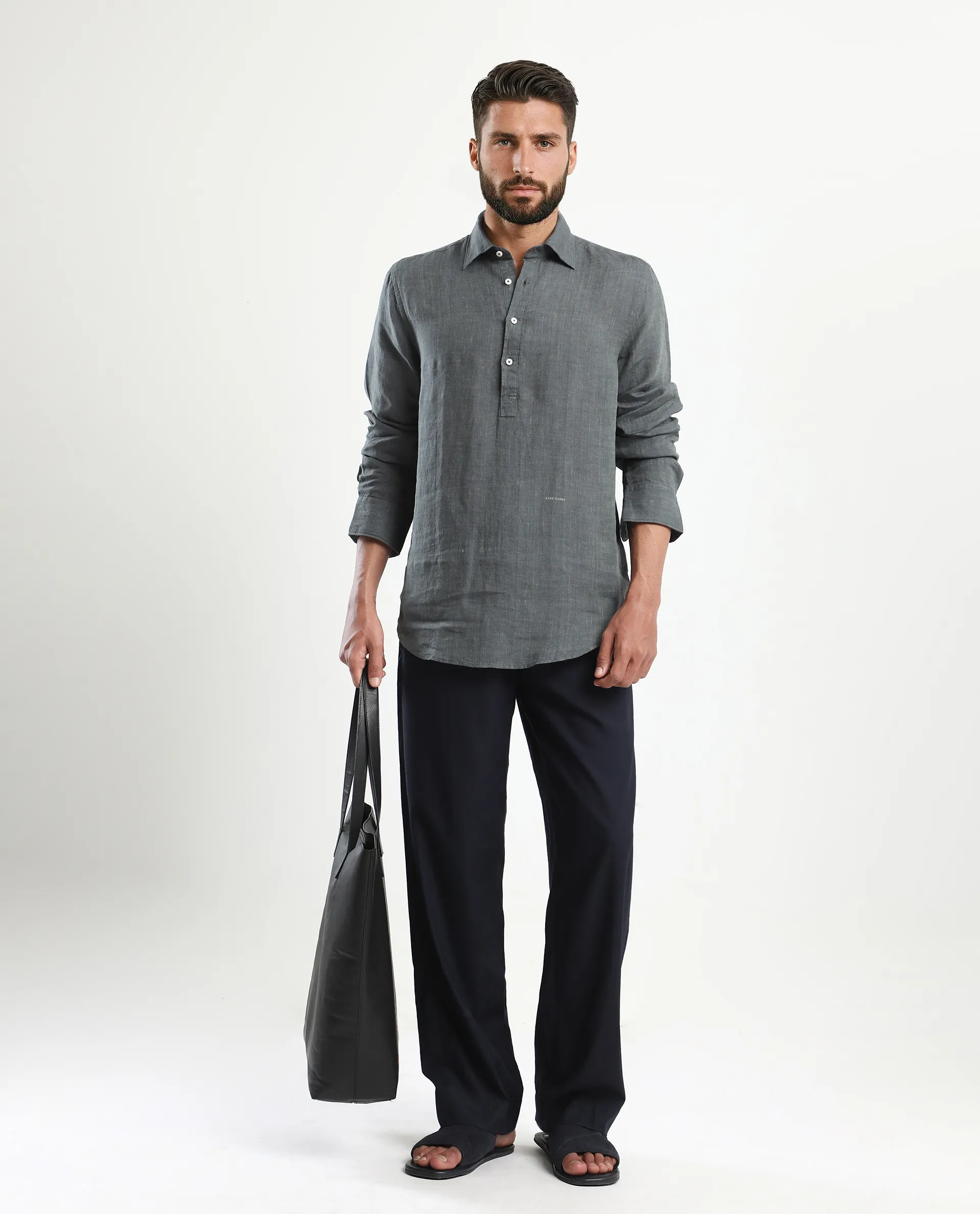 Rare Rabbit Men's Kurts Dark Grey Linen Plain Regular Fit Full Sleeve Collared Shirt - Image 2
