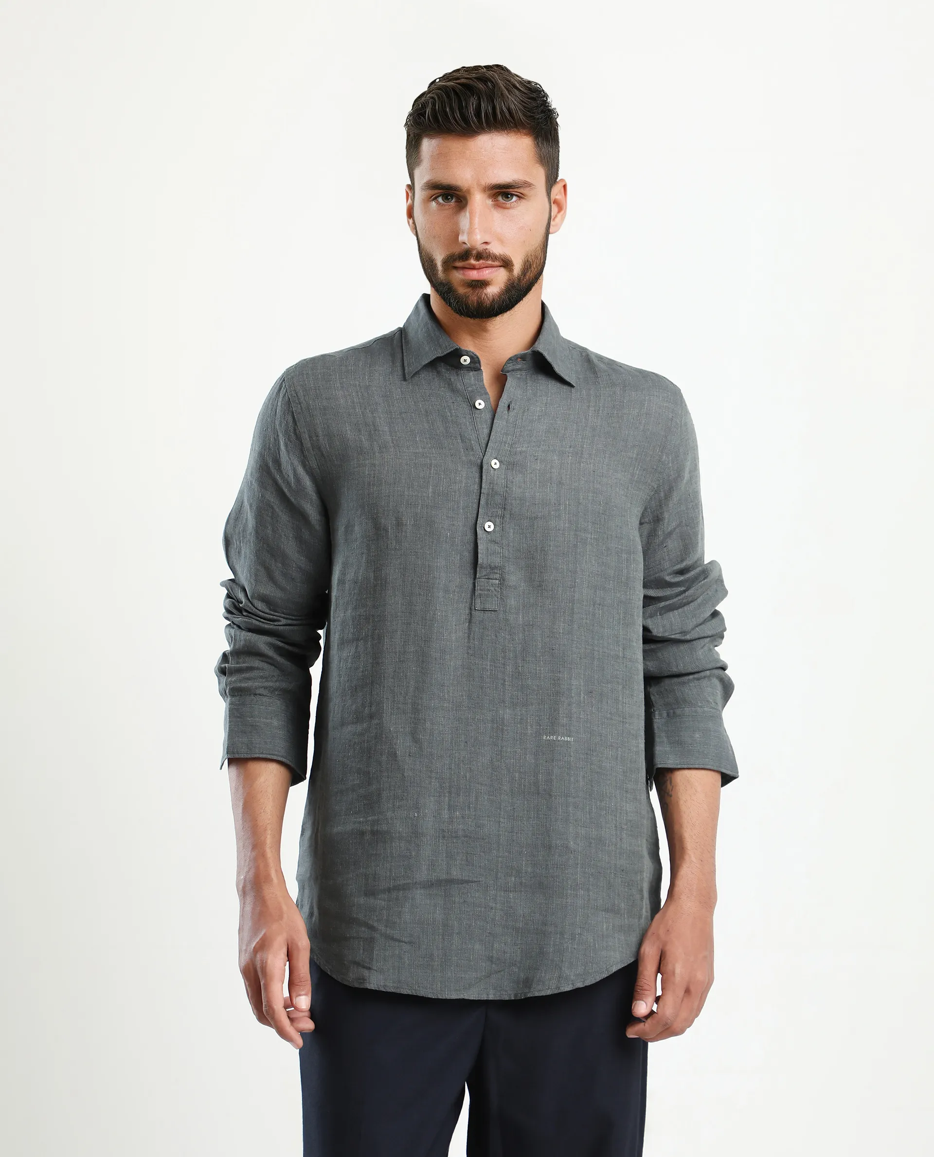 Rare Rabbit Men's Kurts Dark Grey Linen Plain Regular Fit Full Sleeve Collared Shirt - Image 4