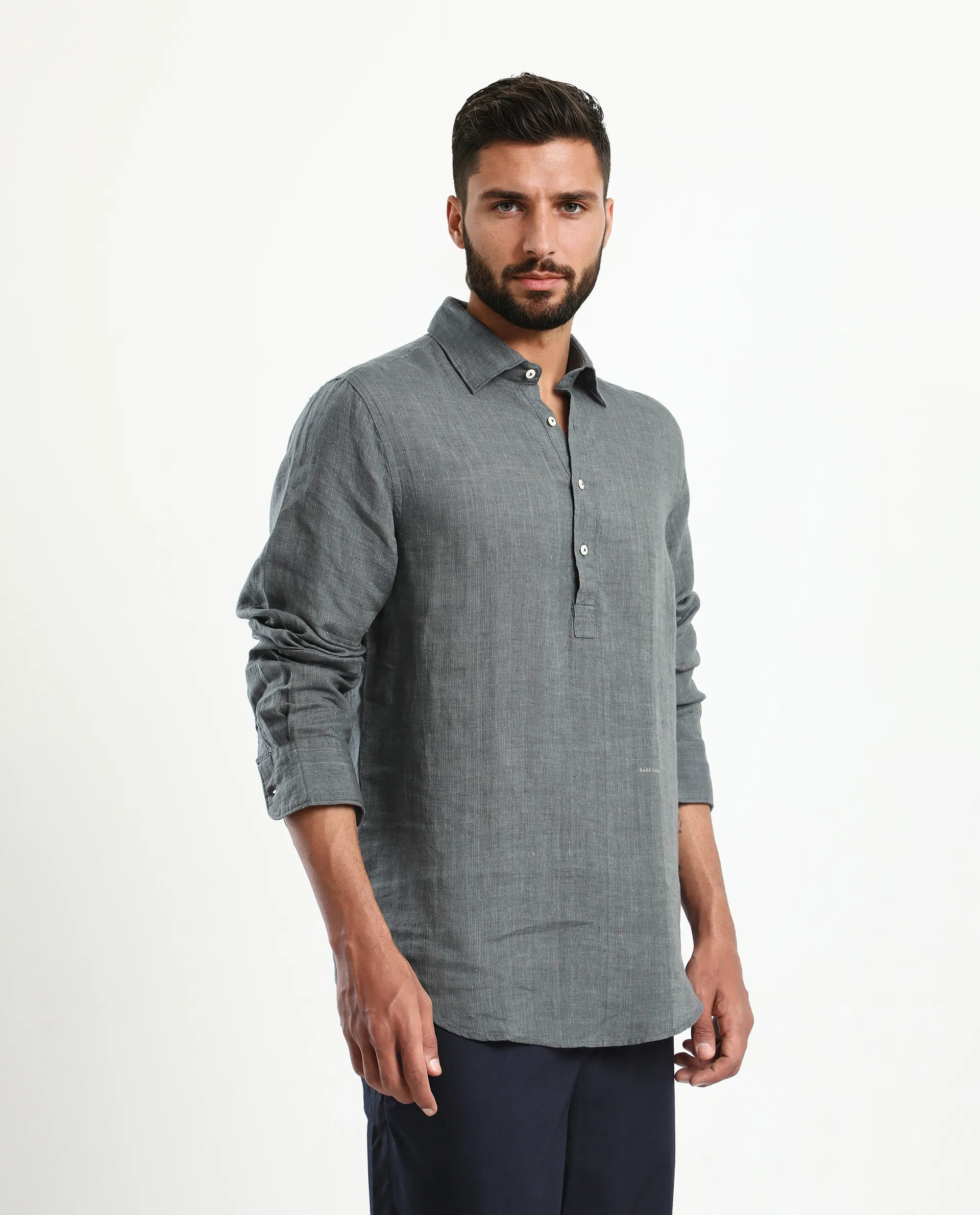 Rare Rabbit Men's Kurts Dark Grey Linen Plain Regular Fit Full Sleeve Collared Shirt - Image 6