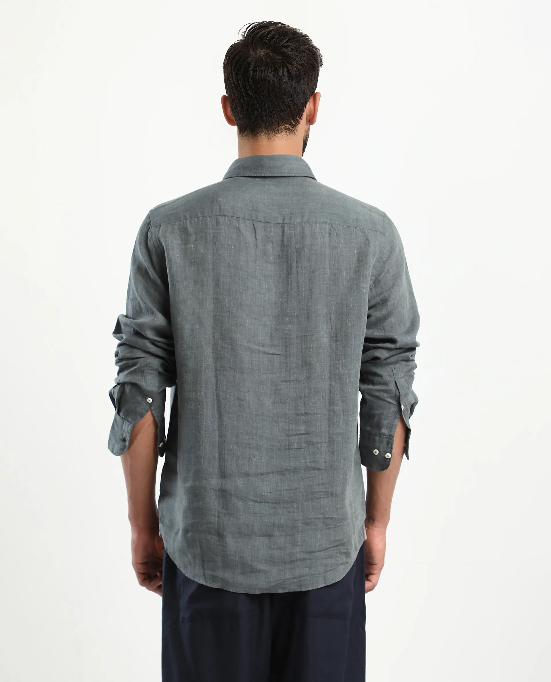 Rare Rabbit Men's Kurts Dark Grey Linen Plain Regular Fit Full Sleeve Collared Shirt - Image 8