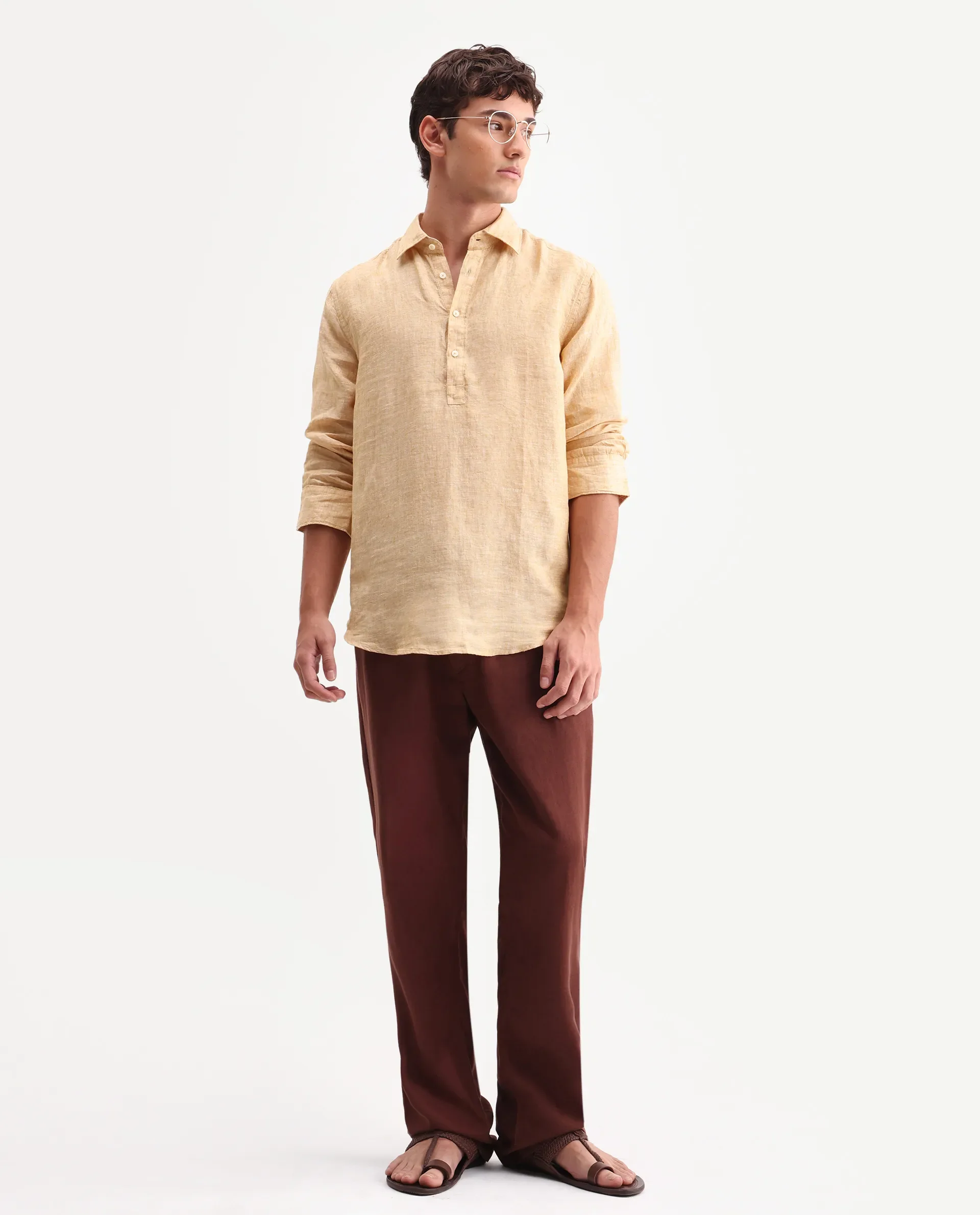 Rare Rabbit Men's Kurts Dusky Yellow 100% Linen Plain Regular Fit Full Sleeve Collared Shirt - Image 2
